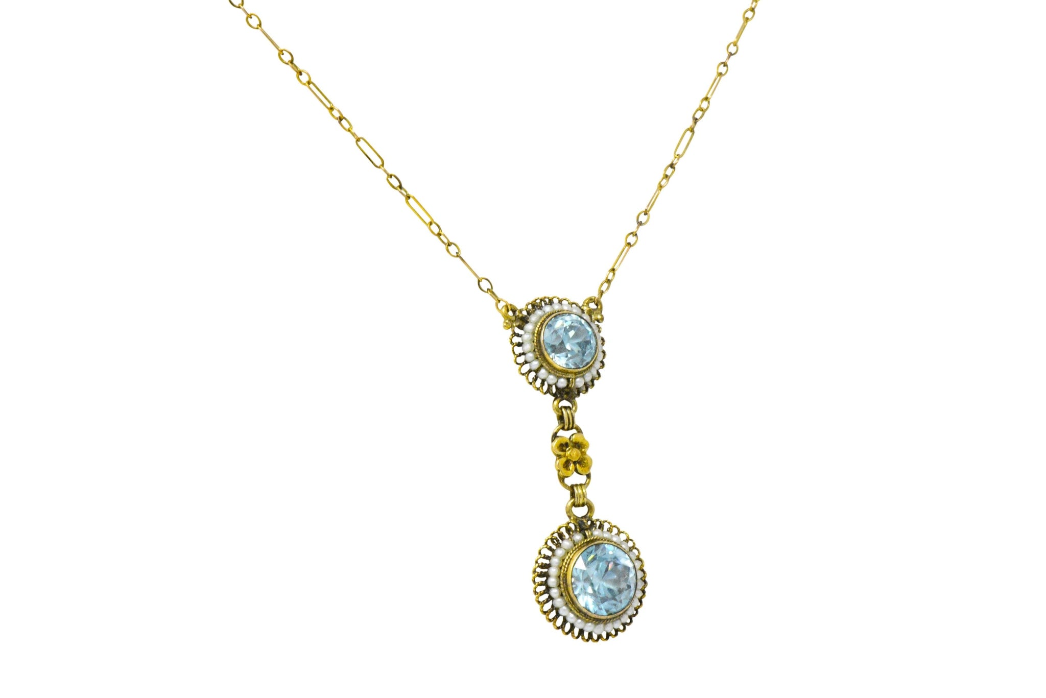 Retro 4.75 CTW Blue Zircon Seed Pearl 14 Karat Gold Drop Necklace Wilson's Estate Jewelry