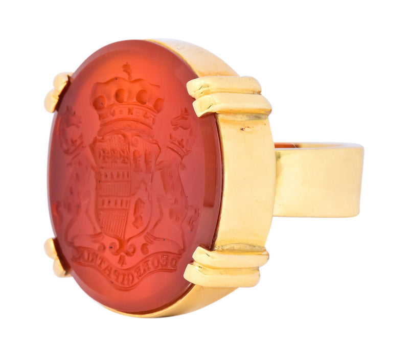 Retro Carnelian Intaglio 18 Karat Gold Deo Regi Patria Unisex Ring - Wilson's Estate Jewelry