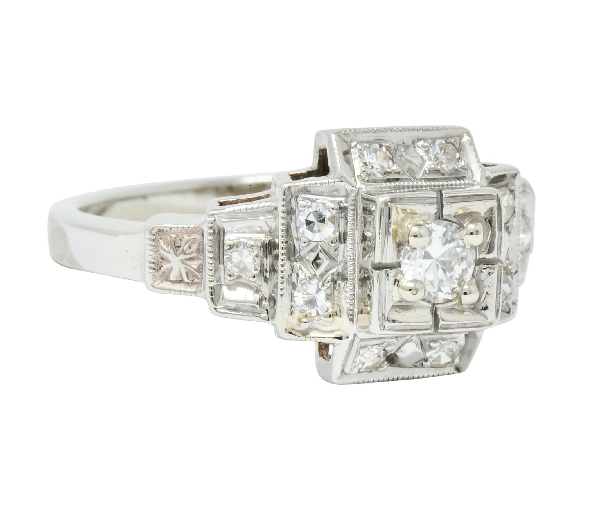 Retro Diamond 14 Karat White Gold Engagement Ring Circa 1940's - Wilson's Estate Jewelry