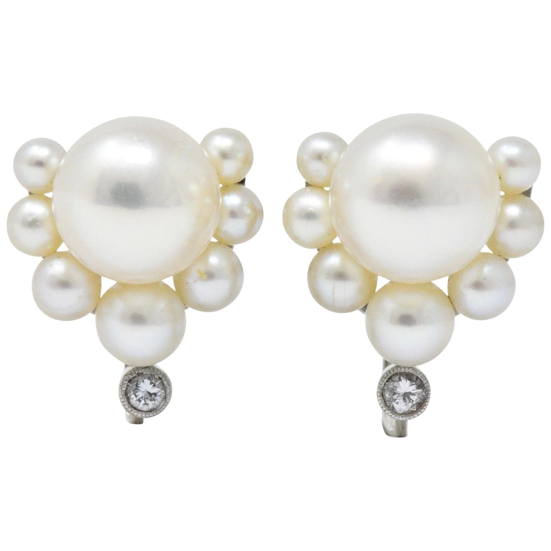 Retro Diamond Cultured Pearl Platinum Earrings Wilson's Estate Jewelry