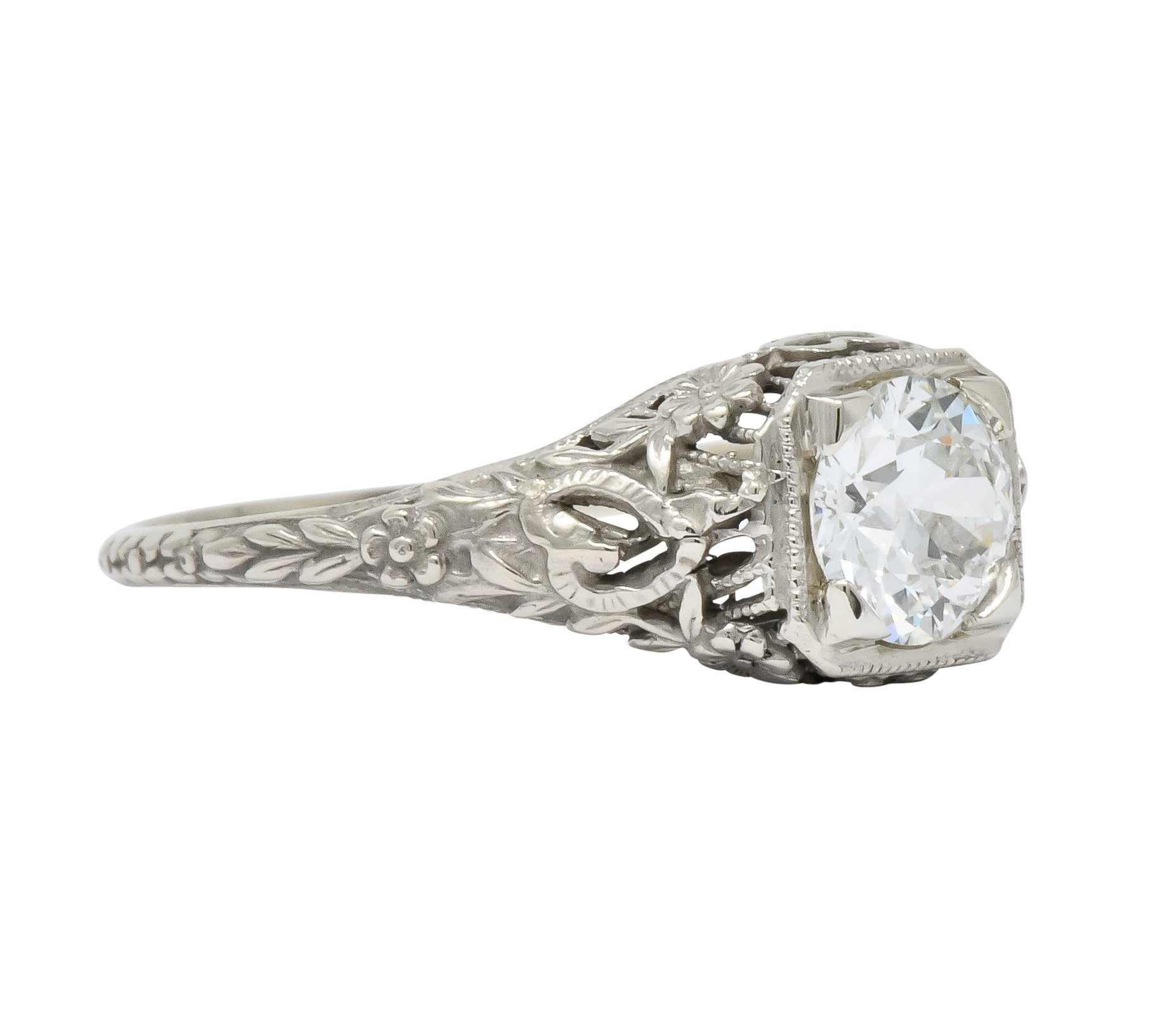 Romantic Edwardian 0.73 CTS Diamond 14 Karat White Gold Engagement Ring GIA - Wilson's Estate Jewelry