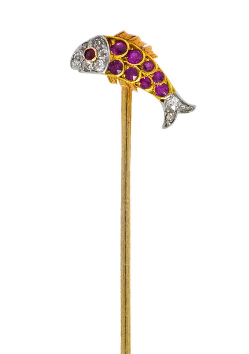 Ruby Diamond Platinum-Topped 14 Karat Two-Tone Gold Fish Stickpin - Wilson's Estate Jewelry