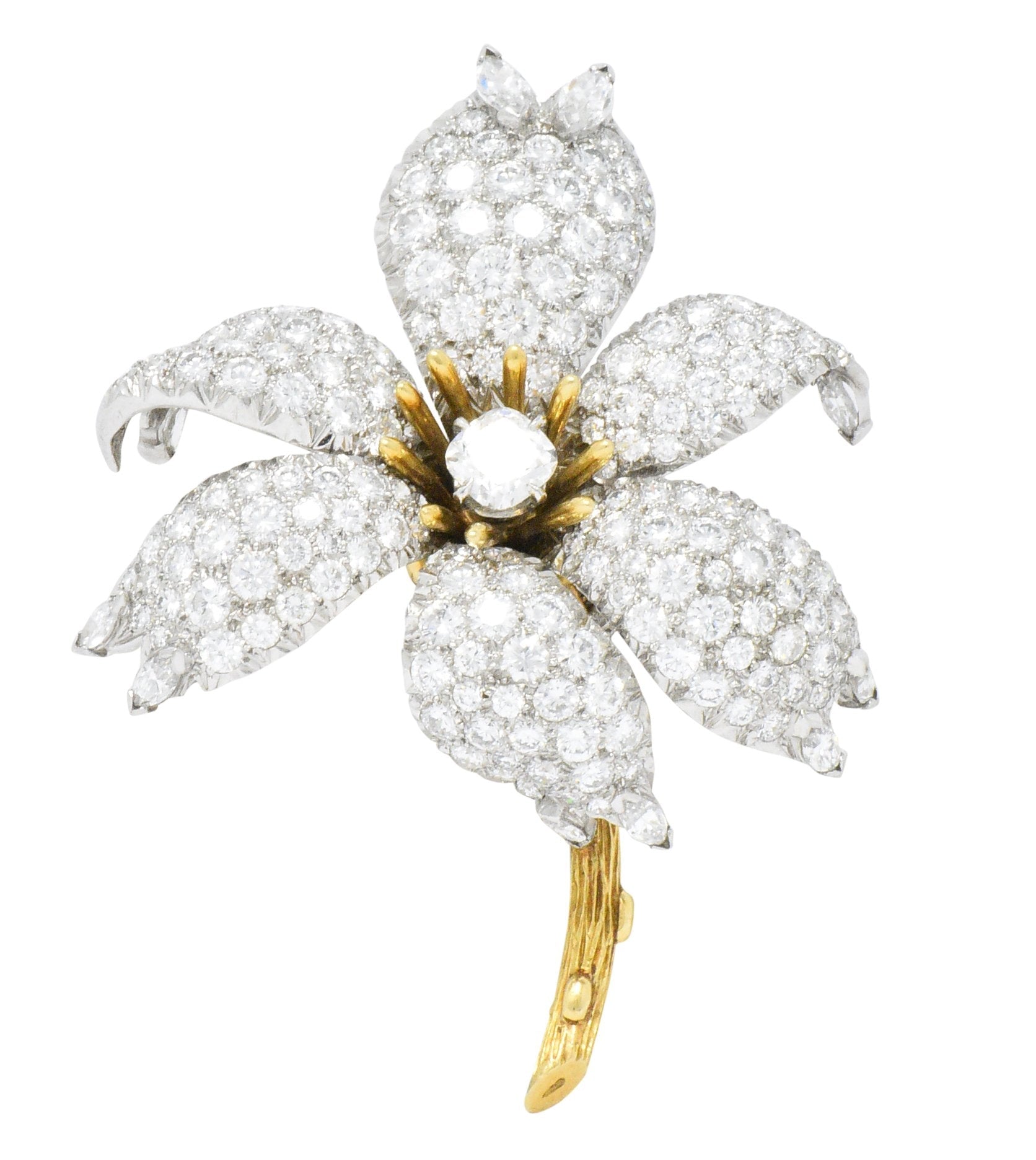 Schlumberger Tiffany & Co. 10.90 CTW Diamond Platinum 18 Karat Gold Flower Brooch Wilson's Estate Jewelry