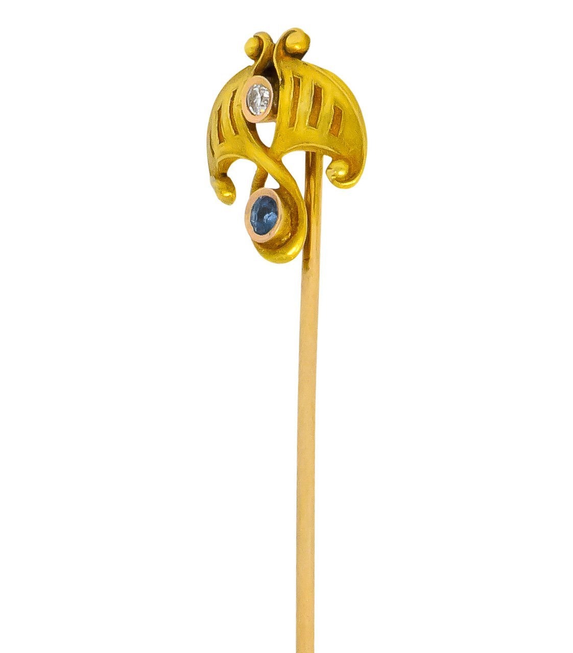 Theberath & Co. Art Nouveau Diamond Sapphire 14 Karat Gold Ginkgo Foliate Stickpin - Wilson's Estate Jewelry