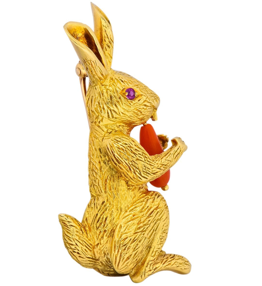 Tiffany & Co. 1970's Vintage Coral Ruby 18 Karat Gold Rabbit Brooch - Wilson's Estate Jewelry