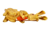 Tiffany & Co. 1970's Vintage Coral Ruby 18 Karat Gold Rabbit Brooch - Wilson's Estate Jewelry