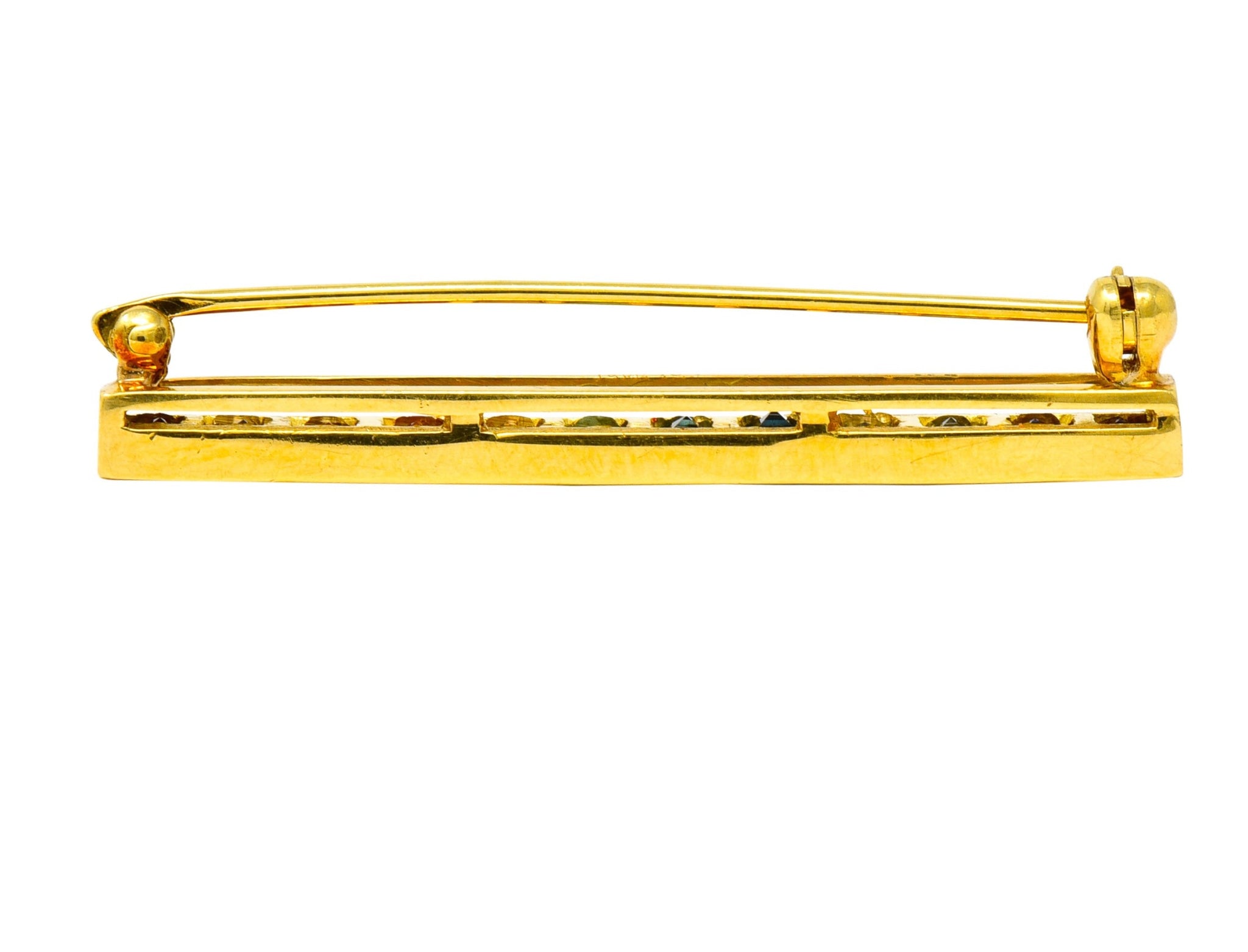 Tiffany & Co. Amethyst Citrine Multi-Gem 18 Karat Gold Rainbow Bar Brooch - Wilson's Estate Jewelry