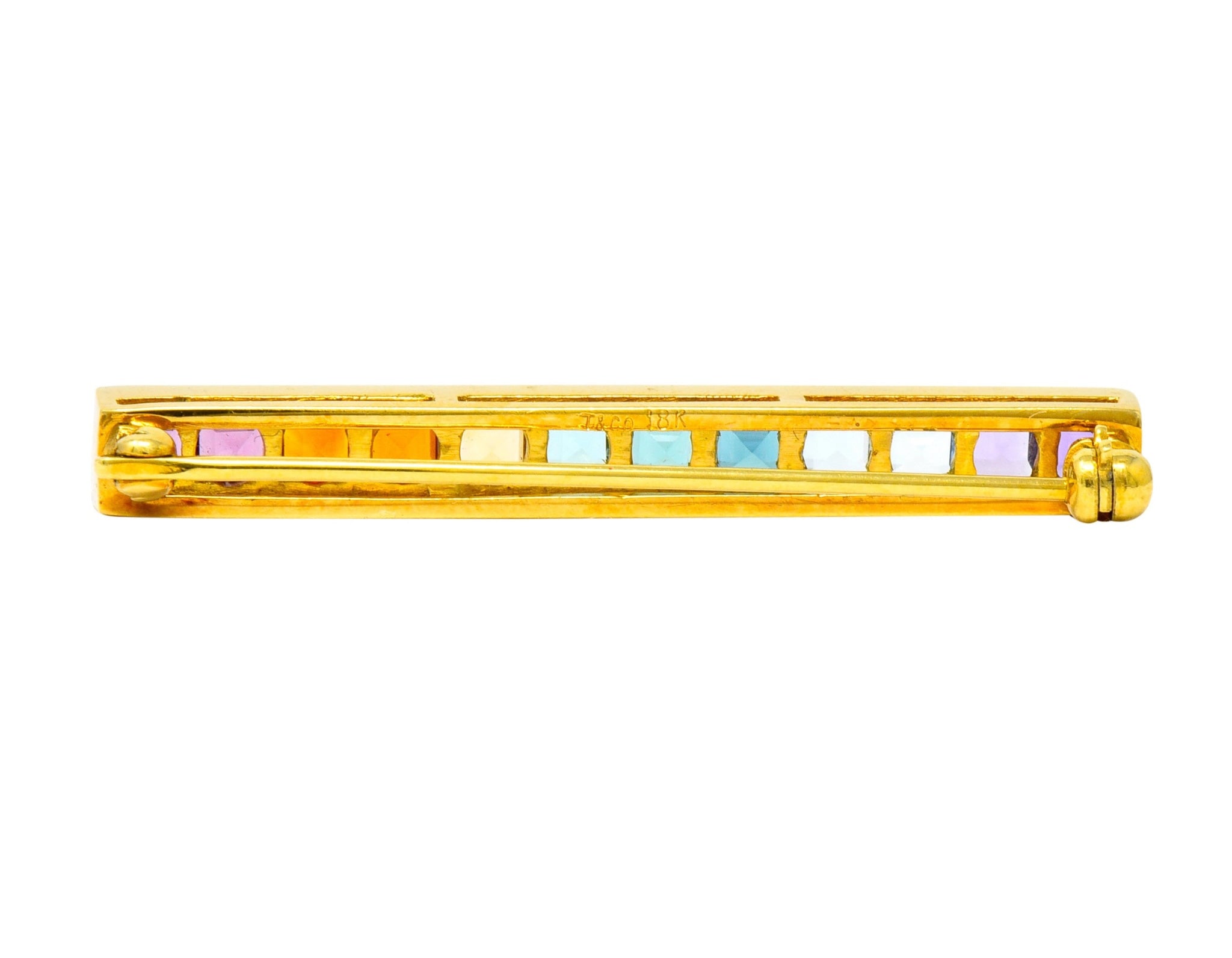 Tiffany & Co. Amethyst Citrine Multi-Gem 18 Karat Gold Rainbow Bar Brooch - Wilson's Estate Jewelry