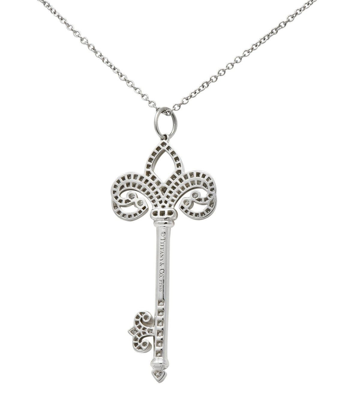 Tiffany & Co. Diamond Platinum Fleur De Lis Key Pendant Necklace - Wilson's Estate Jewelry