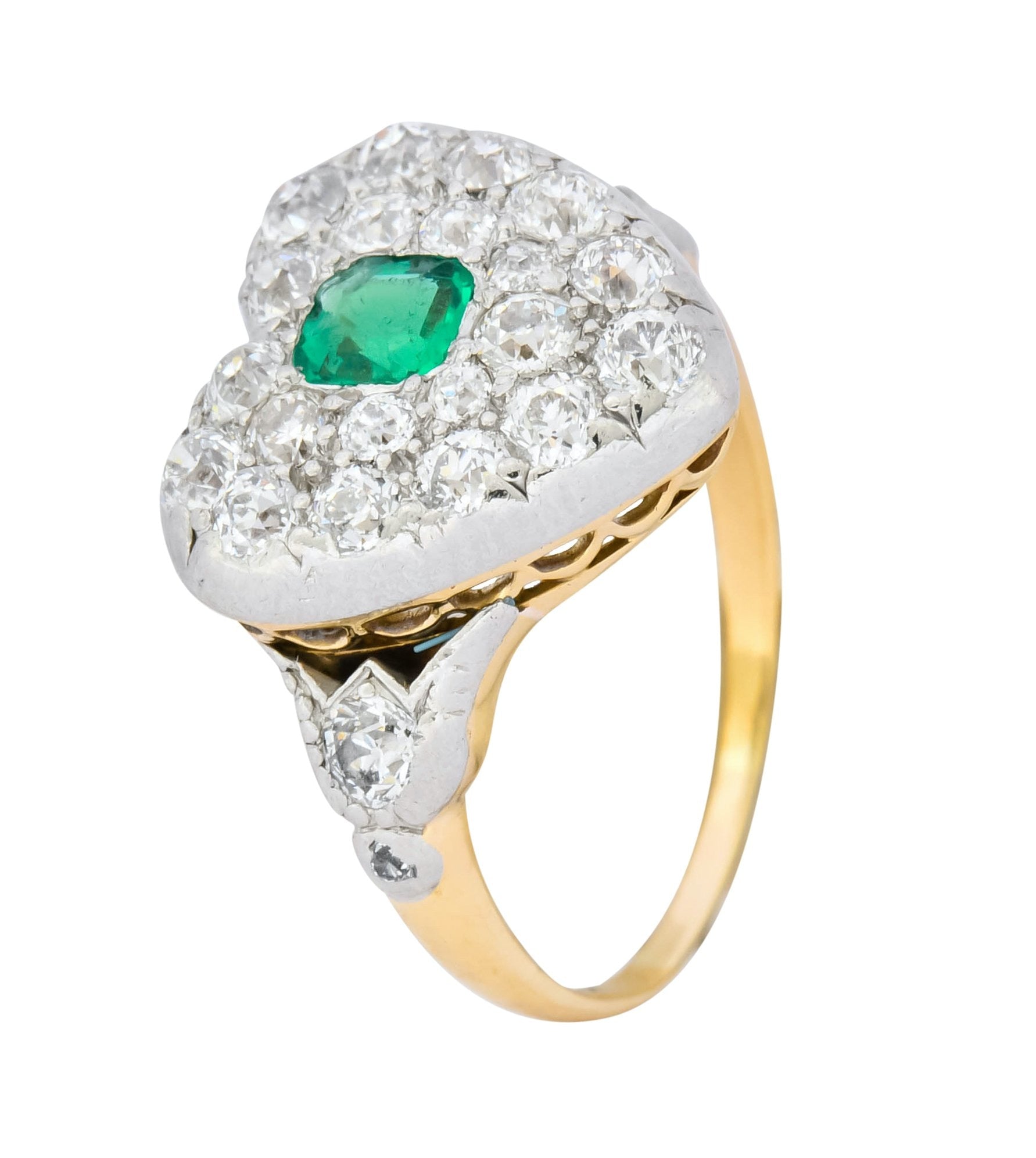 Tiffany & Co. Edwardian 1.54 CTW Emerald Diamond Platinum-Topped 18 Karat Gold Heart Cluster Ring - Wilson's Estate Jewelry