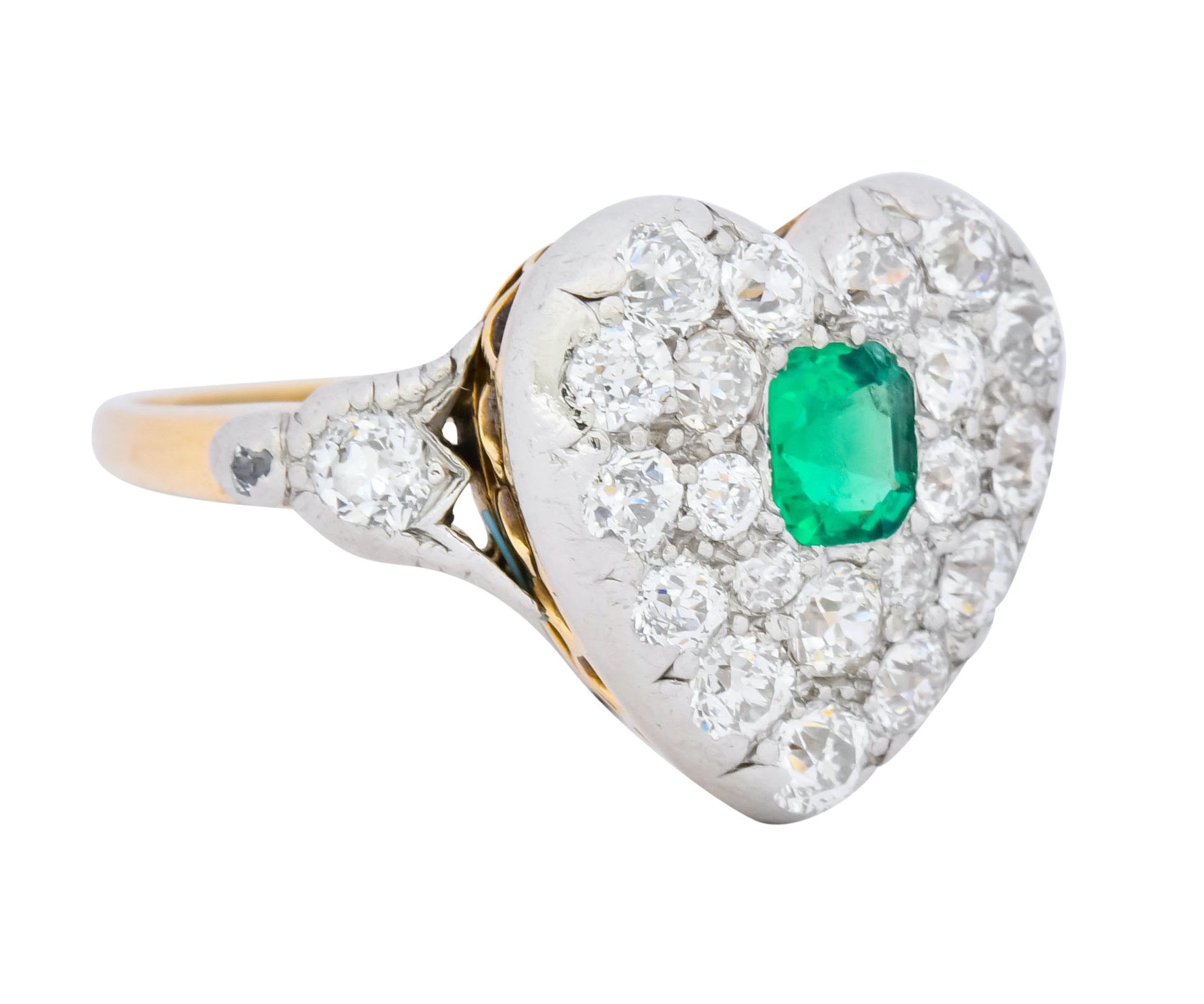 Tiffany & Co. Edwardian 1.54 CTW Emerald Diamond Platinum-Topped 18 Karat Gold Heart Cluster Ring - Wilson's Estate Jewelry