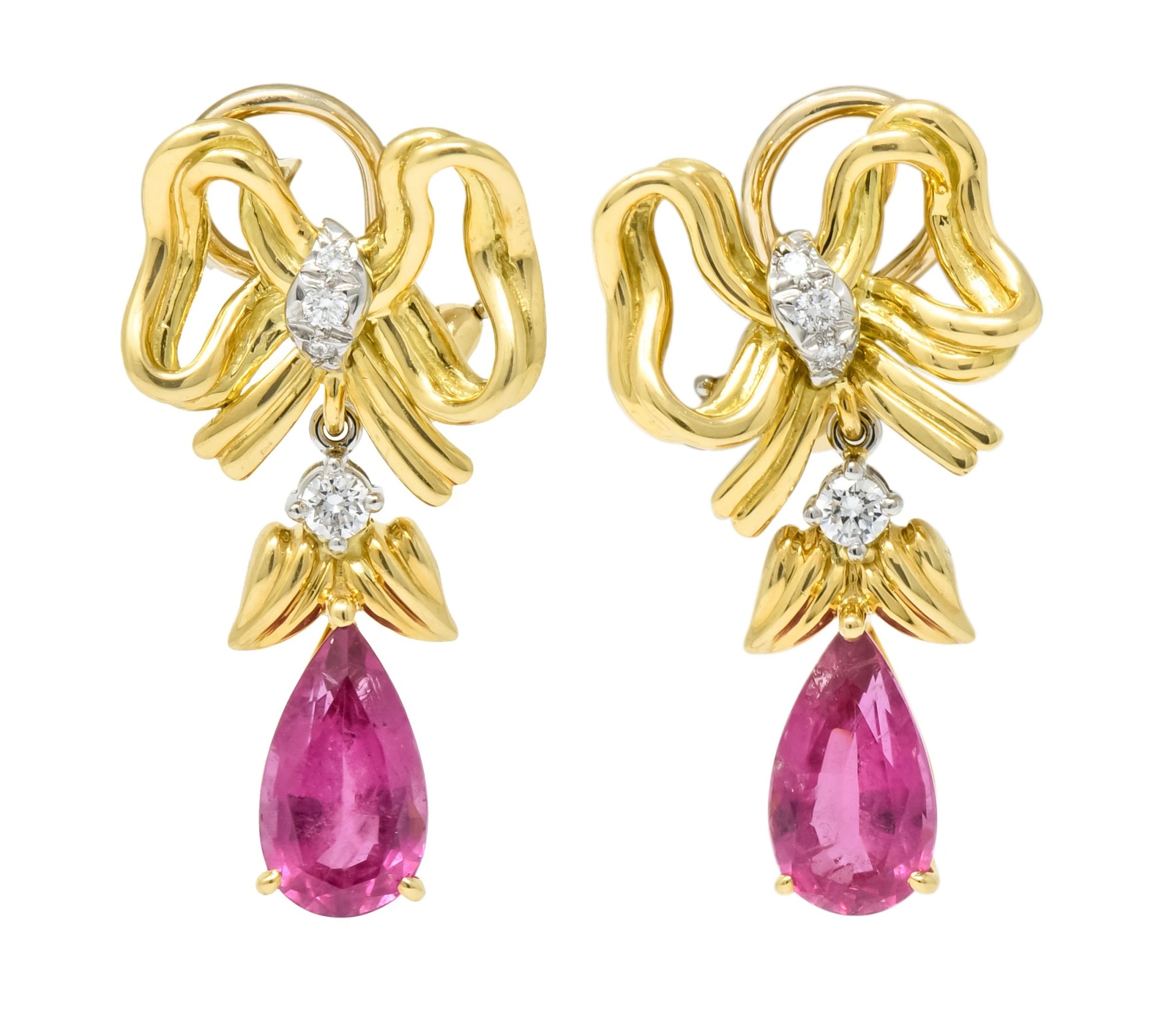 Tiffany & Co. Retro 4.85 CTW Tourmaline Diamond Platinum-Topped 18 Karat Gold Bow Earrings - Wilson's Estate Jewelry