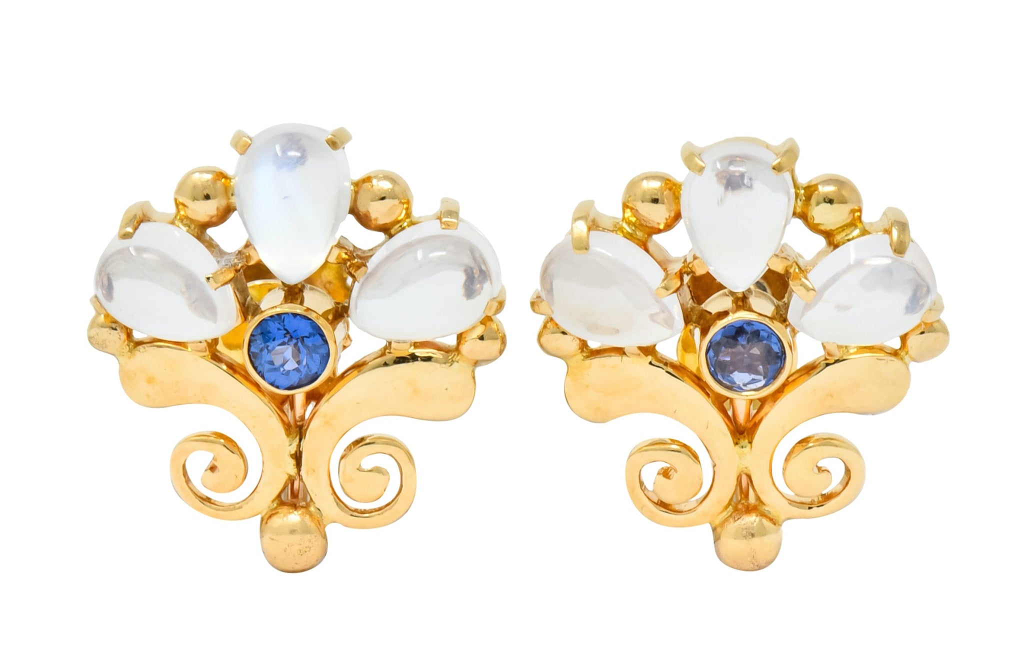 Tiffany & Co. Retro Moonstone Sapphire 14 Karat Gold Screwback Earrings - Wilson's Estate Jewelry