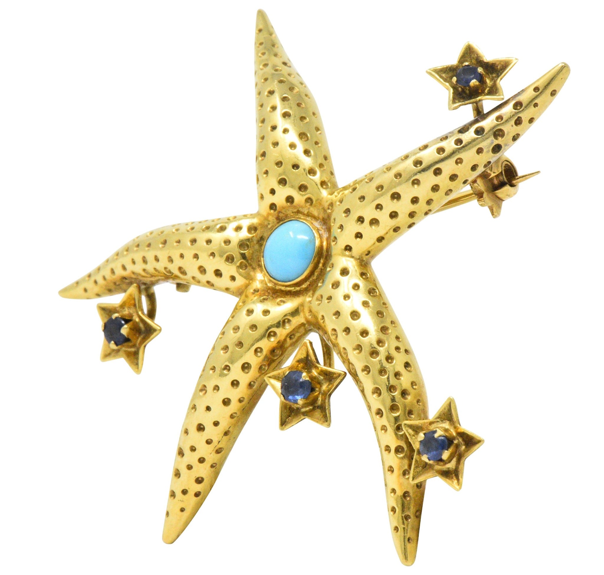 Tiffany & Co. Retro Sapphire Turquoise 18 Karat Gold Starfish Brooch Wilson's Estate Jewelry