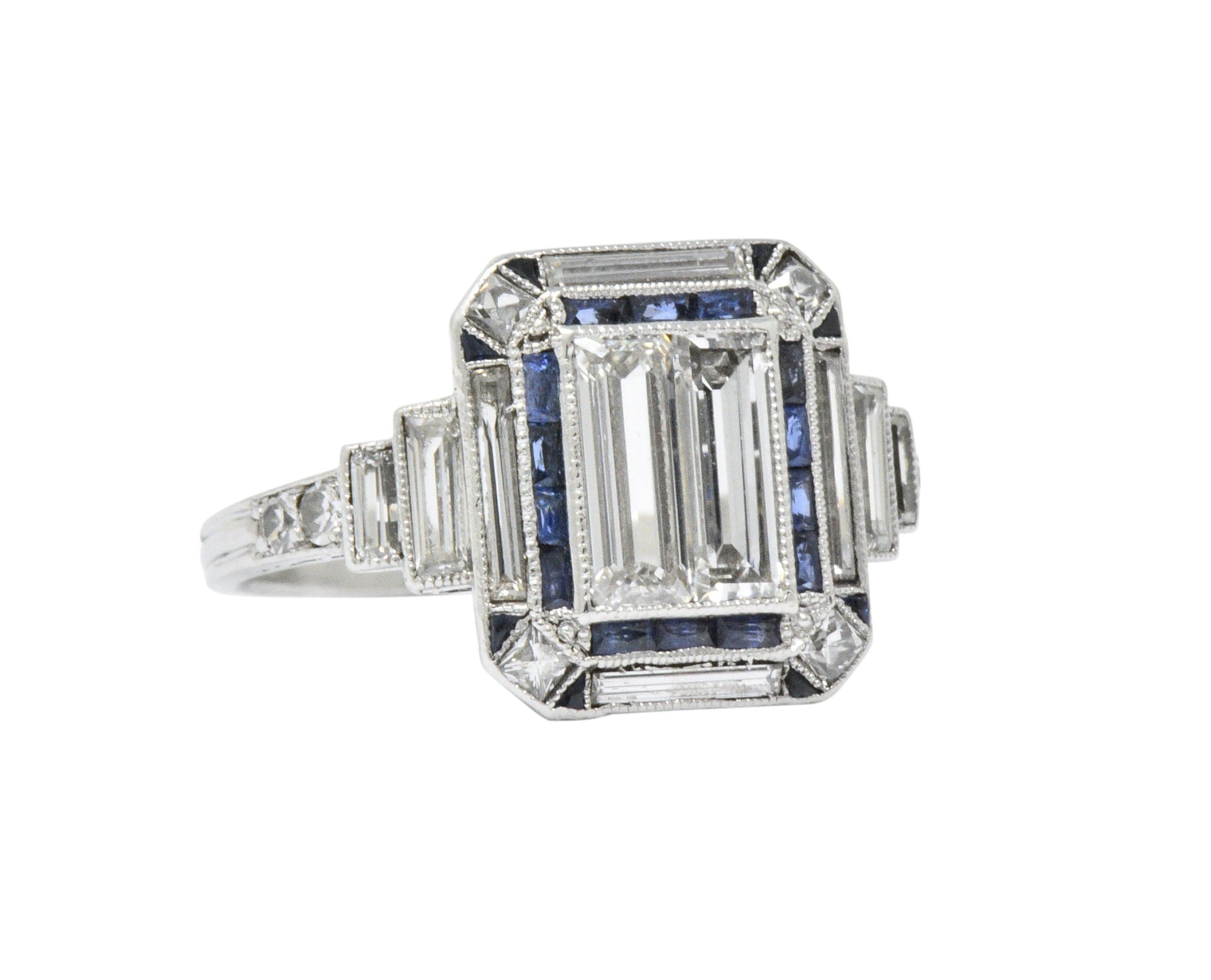 Unique Art Deco 2.90 CTW Diamond Sapphire Platinum Engagement Ring Wilson's Estate Jewelry