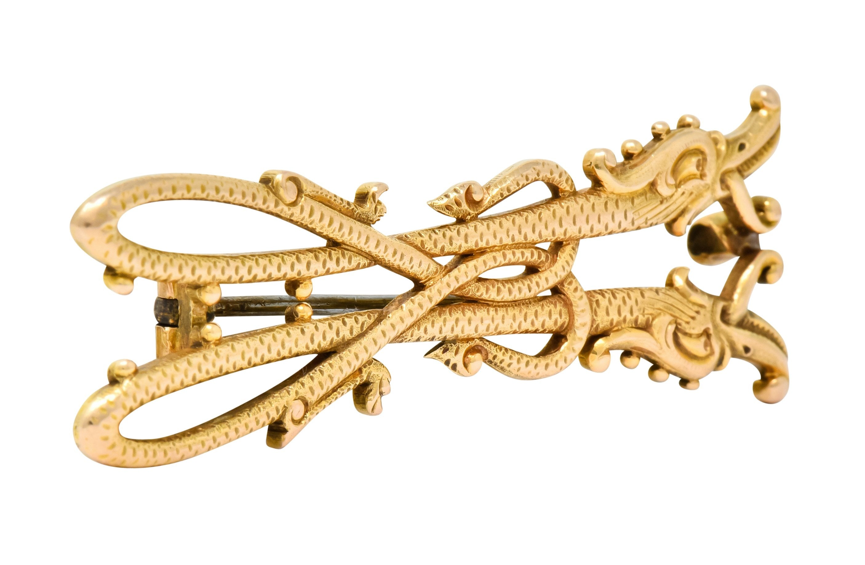 Unique Tiffany & Co. Victorian 14 Karat Gold Serpent Dragon Brooch - Wilson's Estate Jewelry