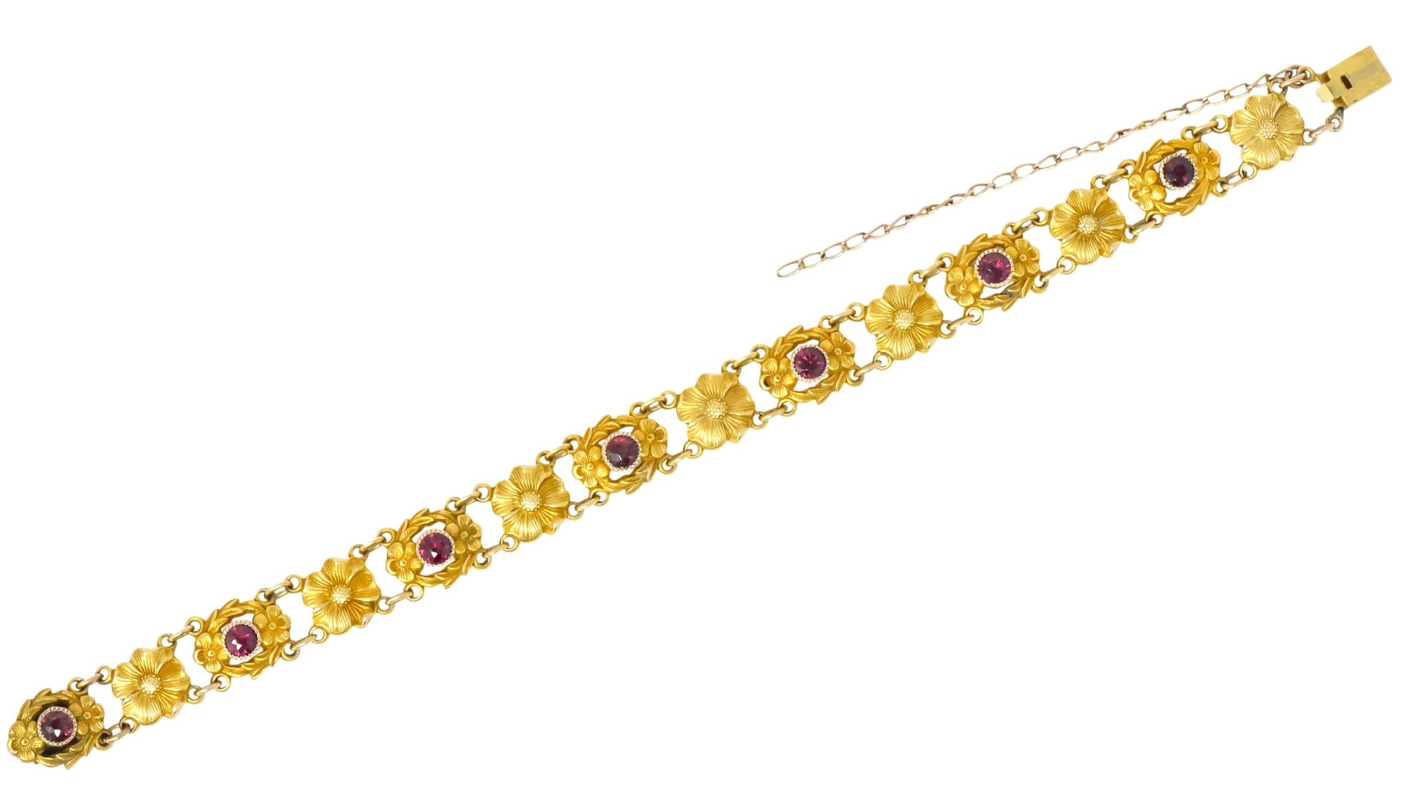 Victorian 0.45 CTW Ruby 14 Karat Gold Flower Link Bracelet - Wilson's Estate Jewelry