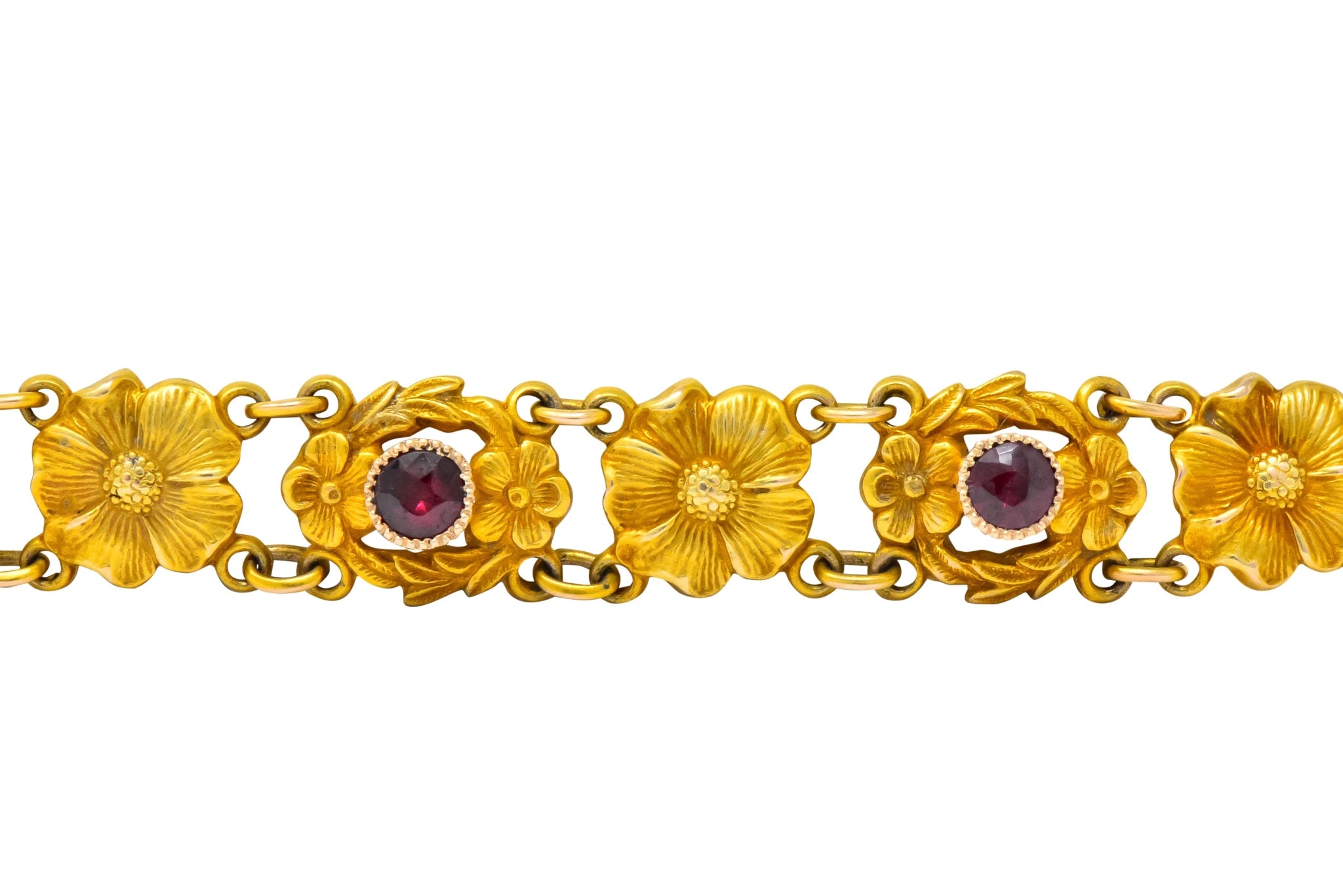 Victorian 0.45 CTW Ruby 14 Karat Gold Flower Link Bracelet - Wilson's Estate Jewelry