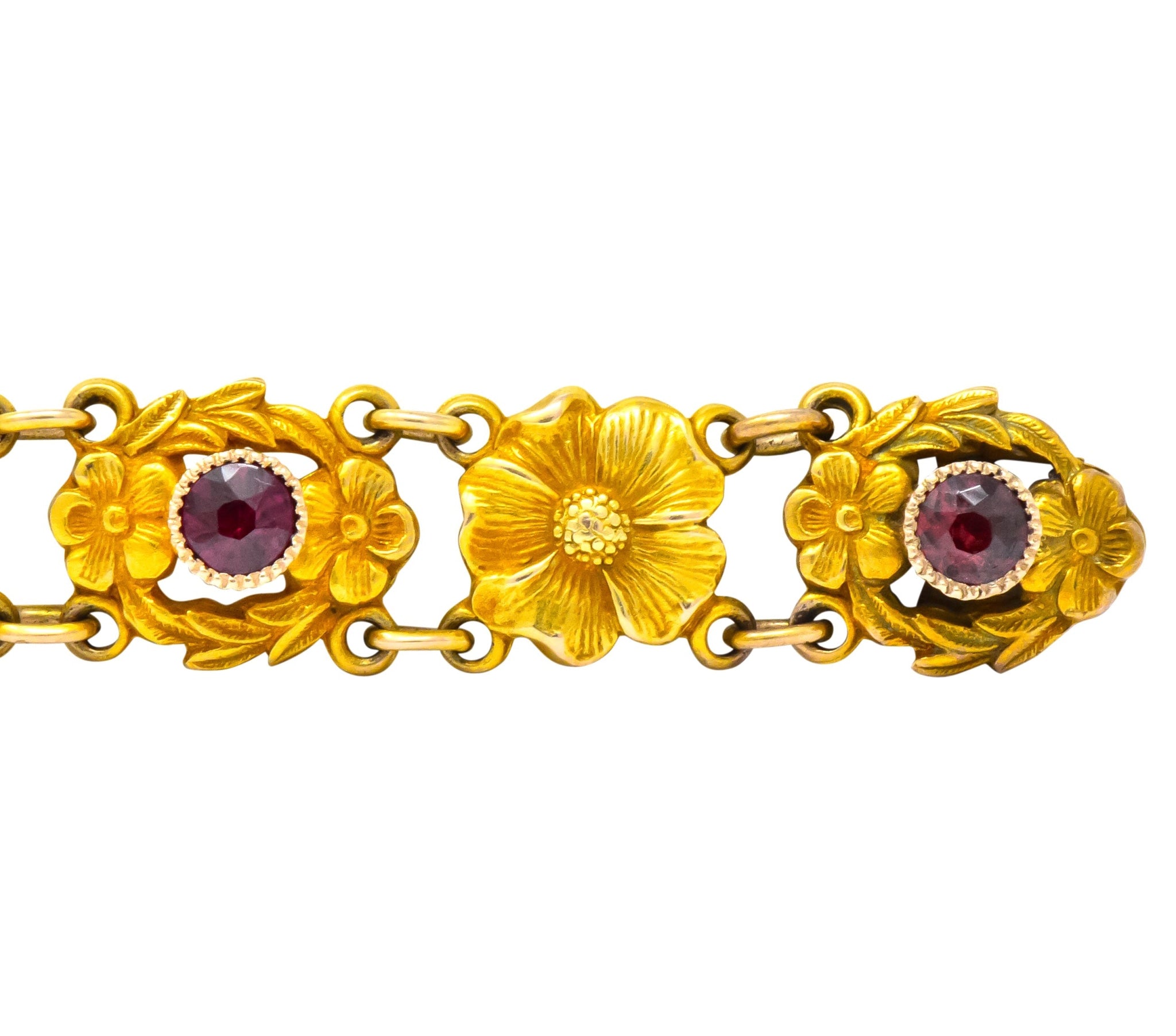 Victorian 0.45 CTW Ruby 14 Karat Gold Flower Link Bracelet - Wilson's Estate Jewelry