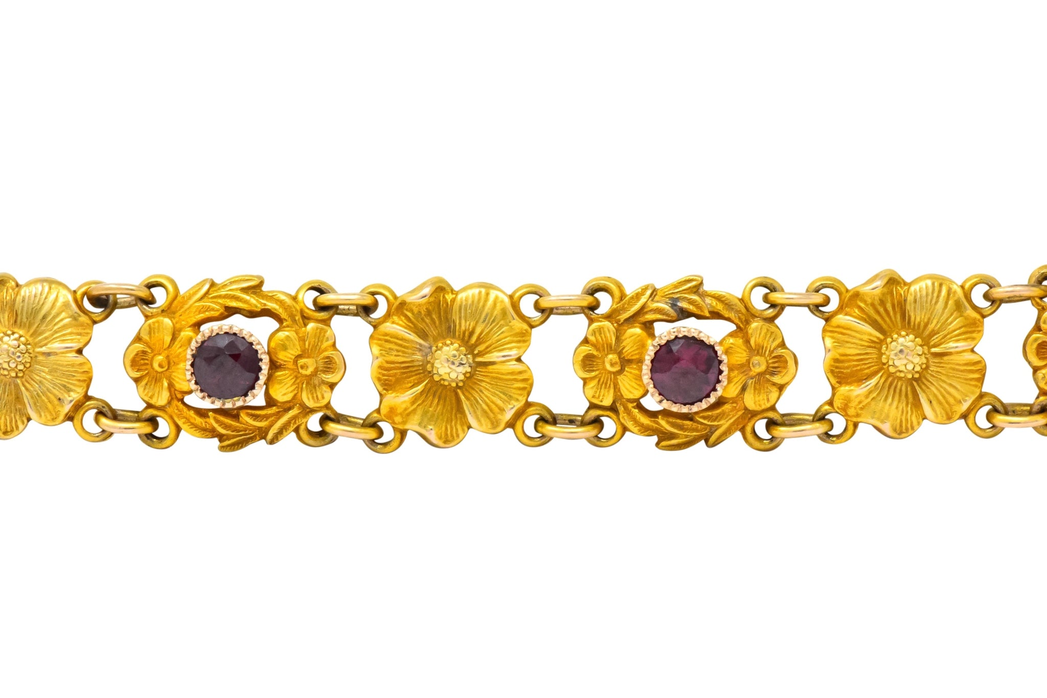 Victorian 0.45 CTW Ruby 14 Karat Gold Flower Link Bracelet - Wilson's Estate Jewelry