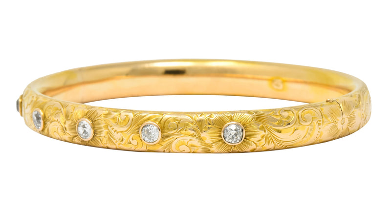 Victorian 1.00 CTW Diamond 14 Karat Gold Floral Bangle Bracelet Circa 1900 - Wilson's Estate Jewelry