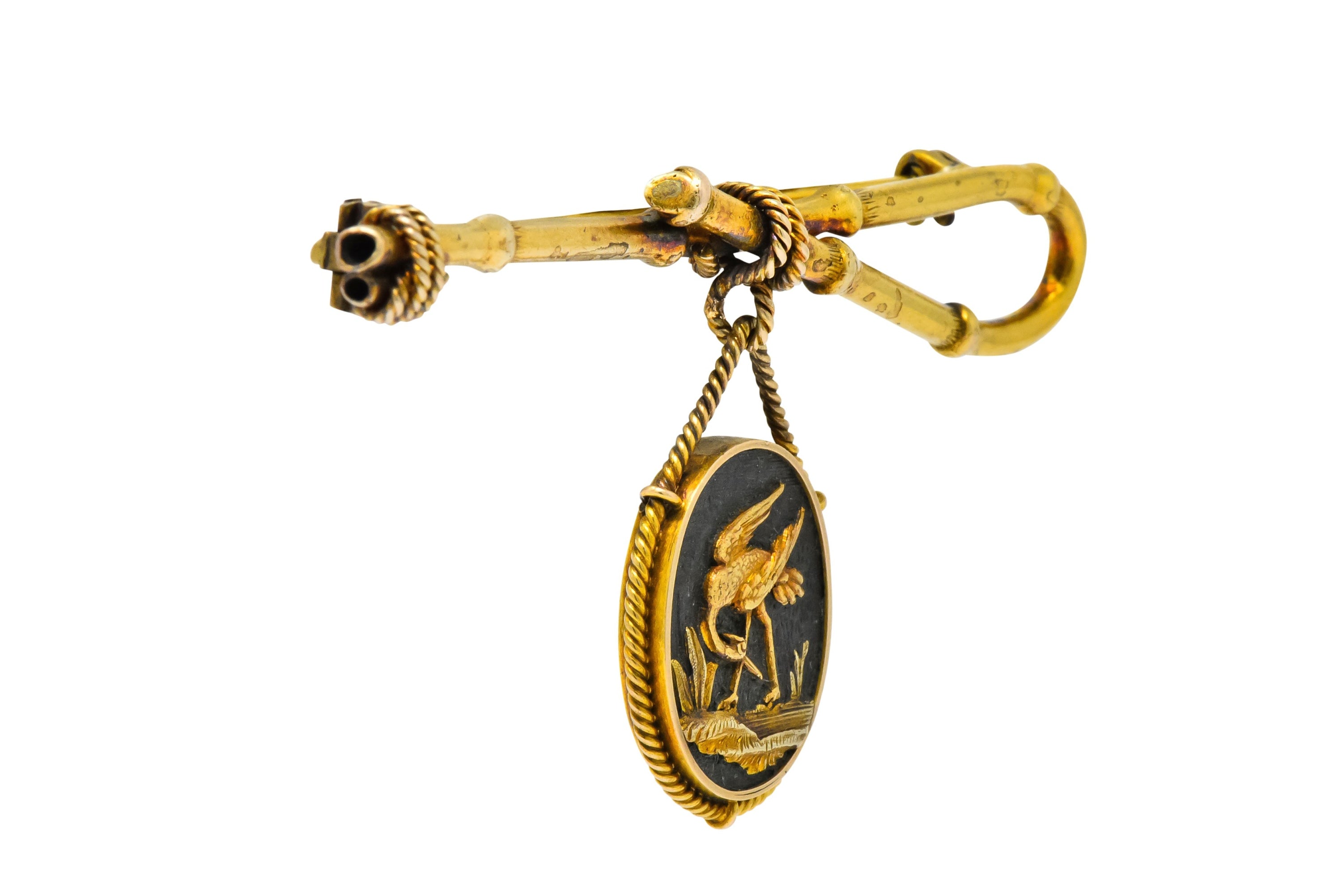 Victorian 14 Karat Gold and Mixed Metal Heron Bamboo Brooch Wilson's Estate Jewelry