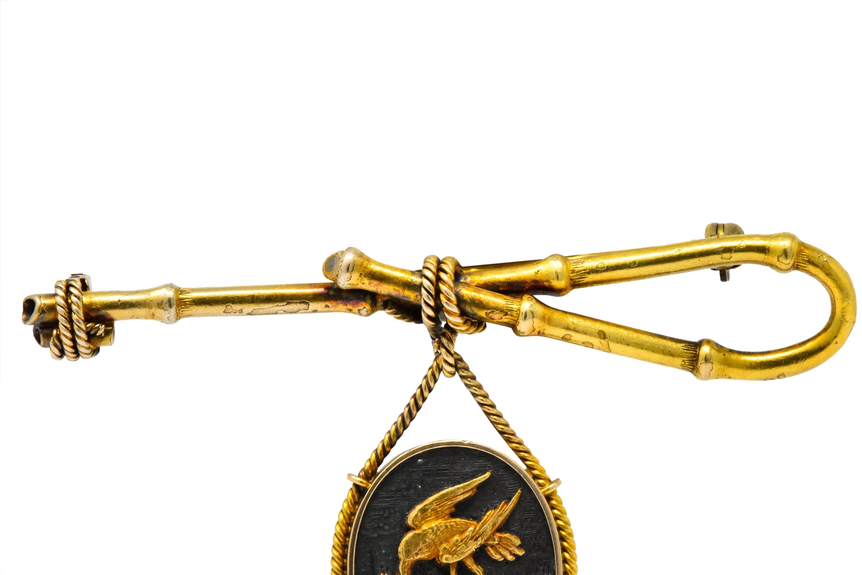 Victorian 14 Karat Gold and Mixed Metal Heron Bamboo Brooch Wilson's Estate Jewelry