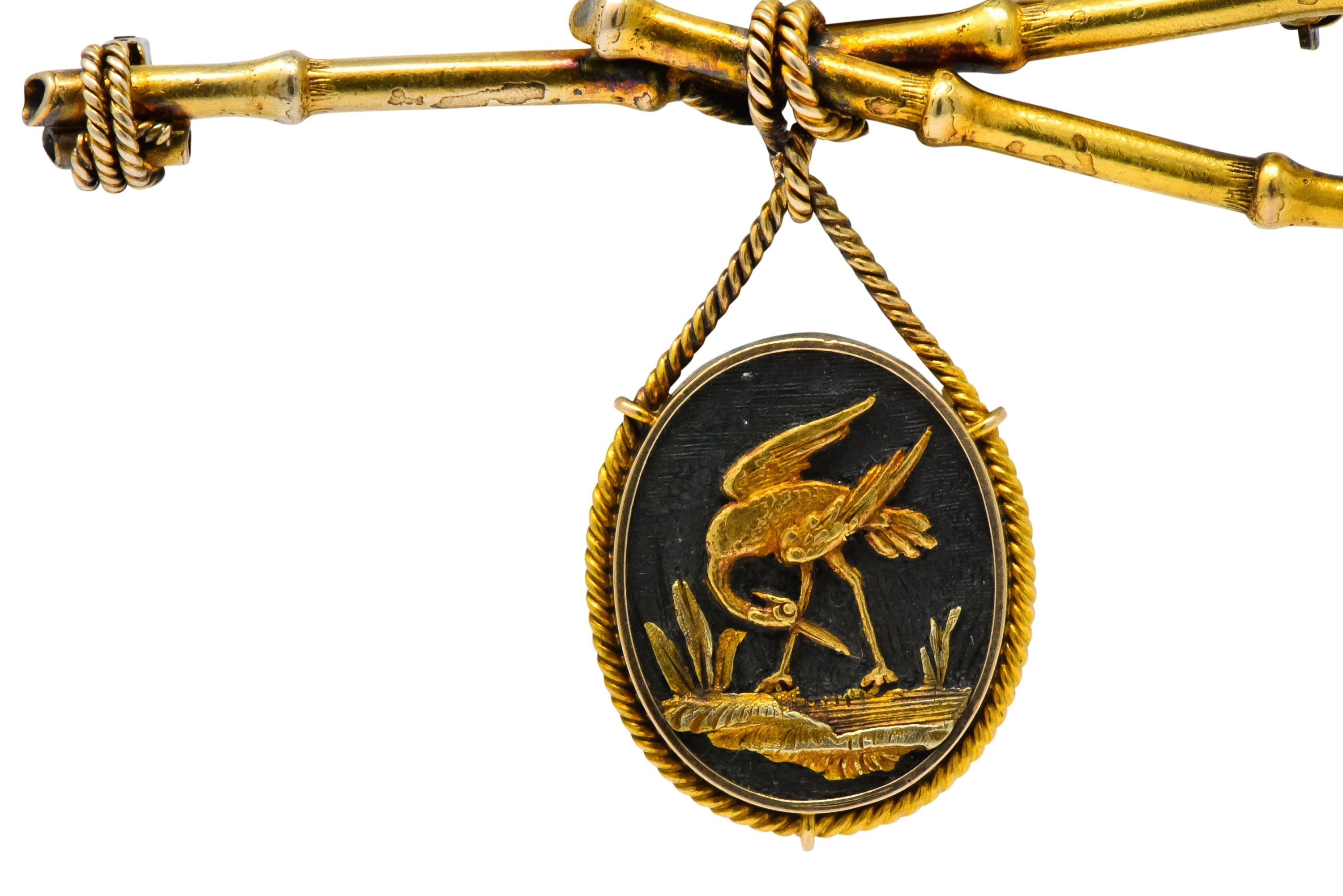 Victorian 14 Karat Gold and Mixed Metal Heron Bamboo Brooch Wilson's Estate Jewelry