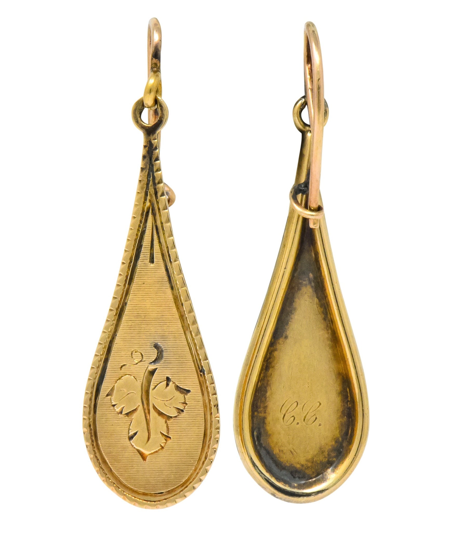 Victorian 14 Karat Gold Etched Clover Drop Earrings - Wilson's Estate Jewelry