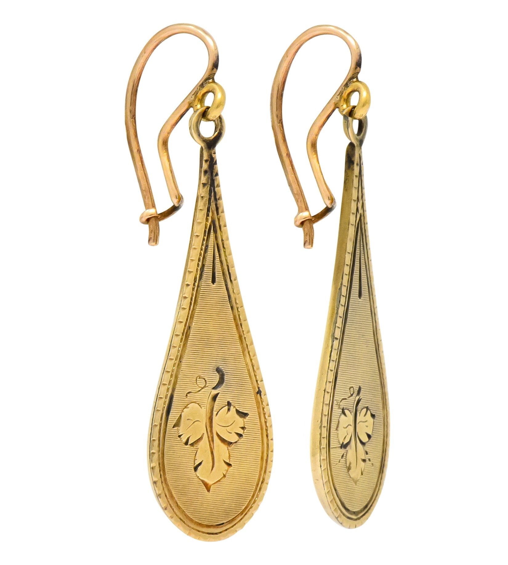 Victorian 14 Karat Gold Etched Clover Drop Earrings - Wilson's Estate Jewelry