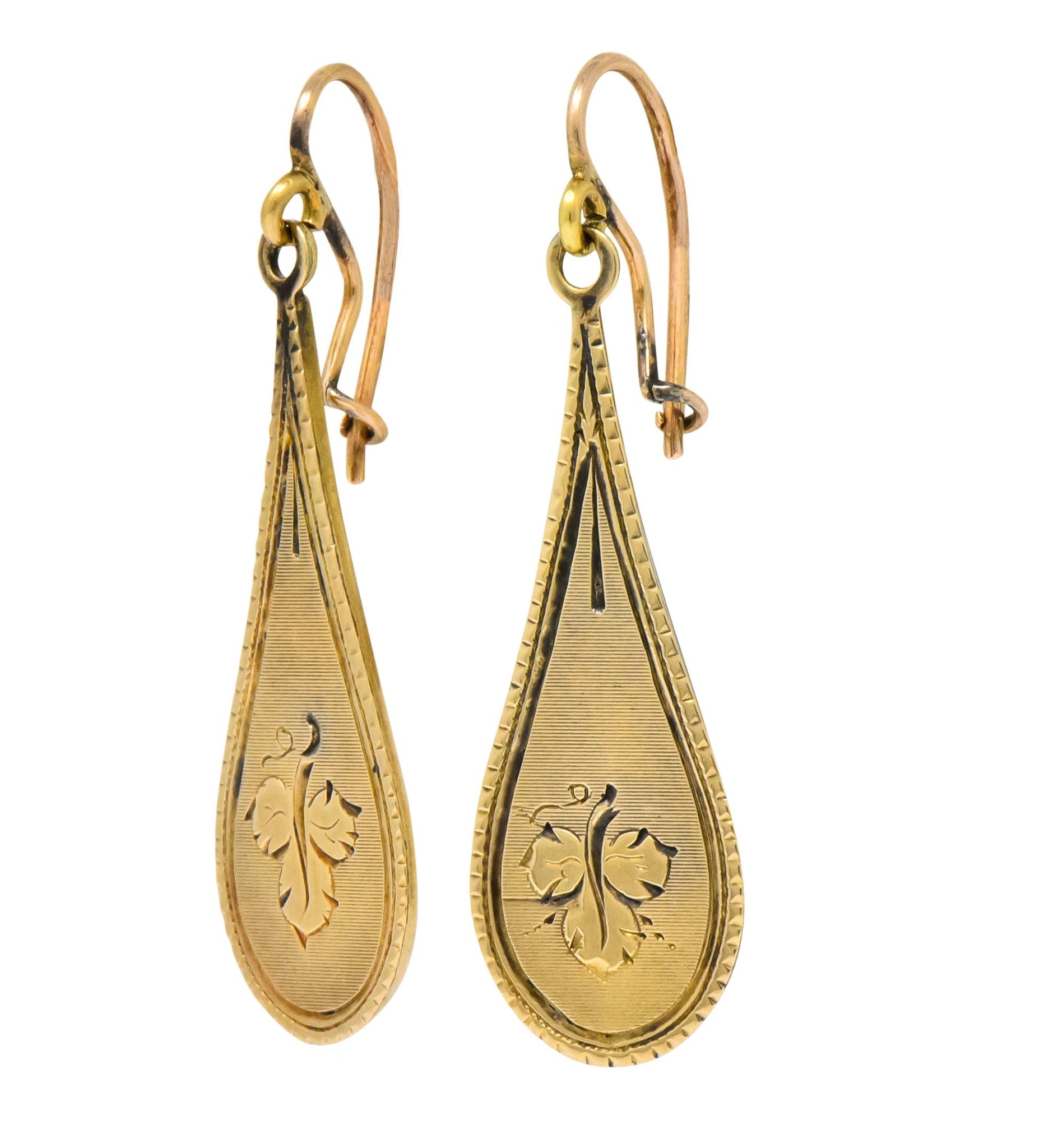 Victorian 14 Karat Gold Etched Clover Drop Earrings - Wilson's Estate Jewelry