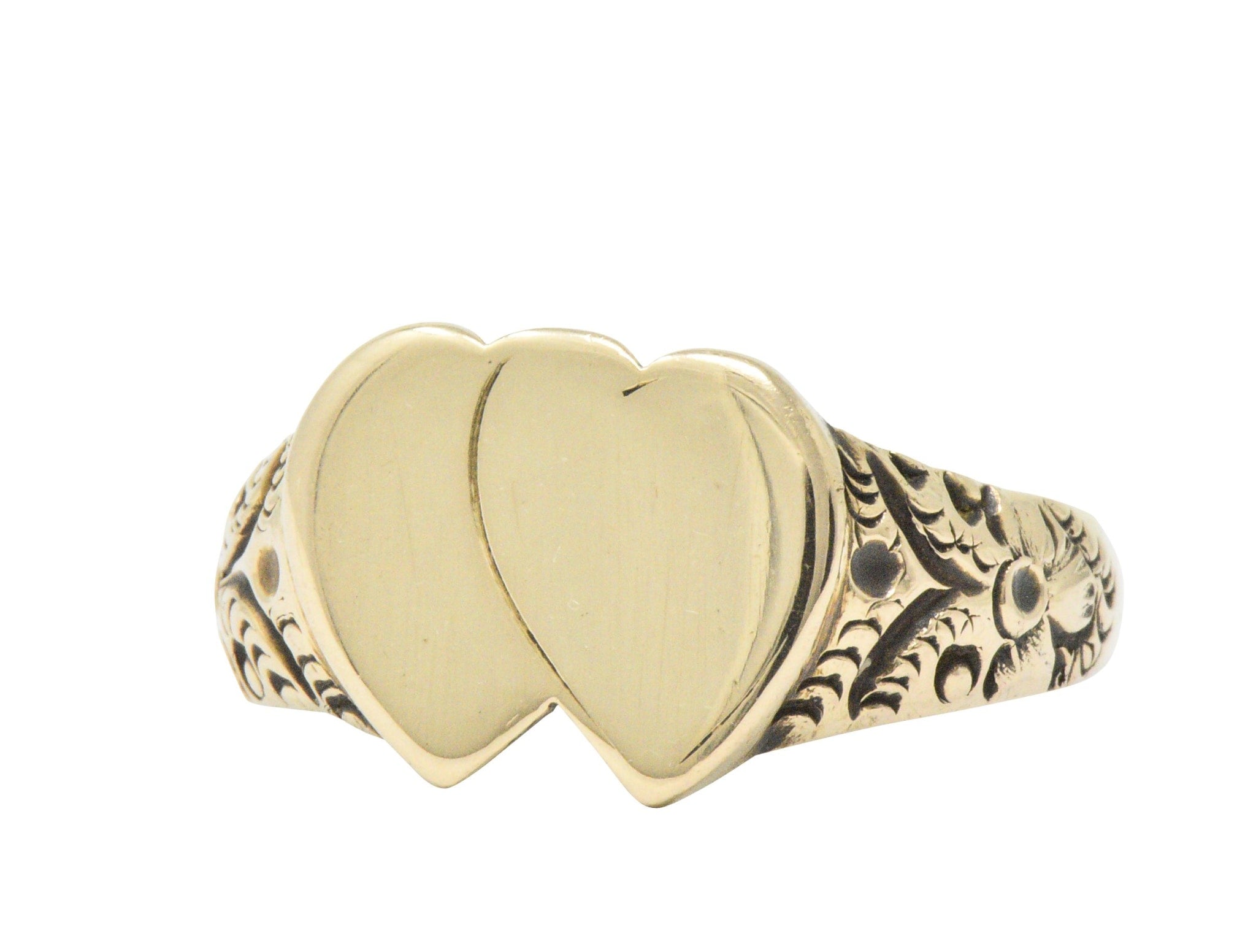 Victorian L. Tassara 14 Karat Gold Unisex Double Heart Band Ring Wilson's Estate Jewelry