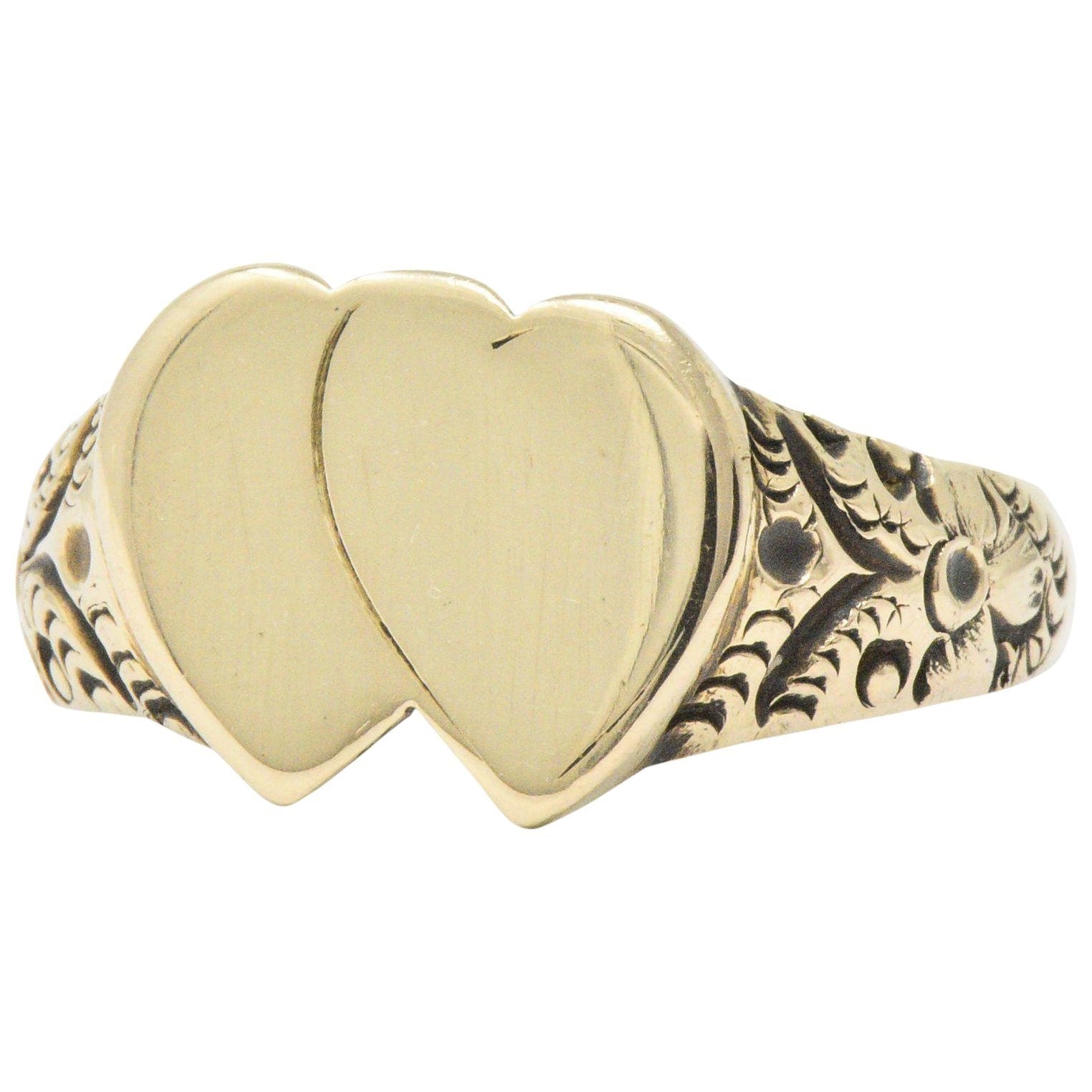 Victorian L. Tassara 14 Karat Gold Unisex Double Heart Band Ring Wilson's Estate Jewelry