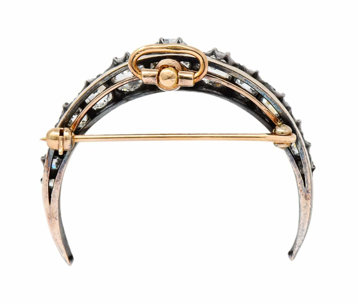 Victorian 2.00 CTW Diamond Silver-Topped 14 Karat Gold Honeymoon Crescent Pendant Brooch - Wilson's Estate Jewelry