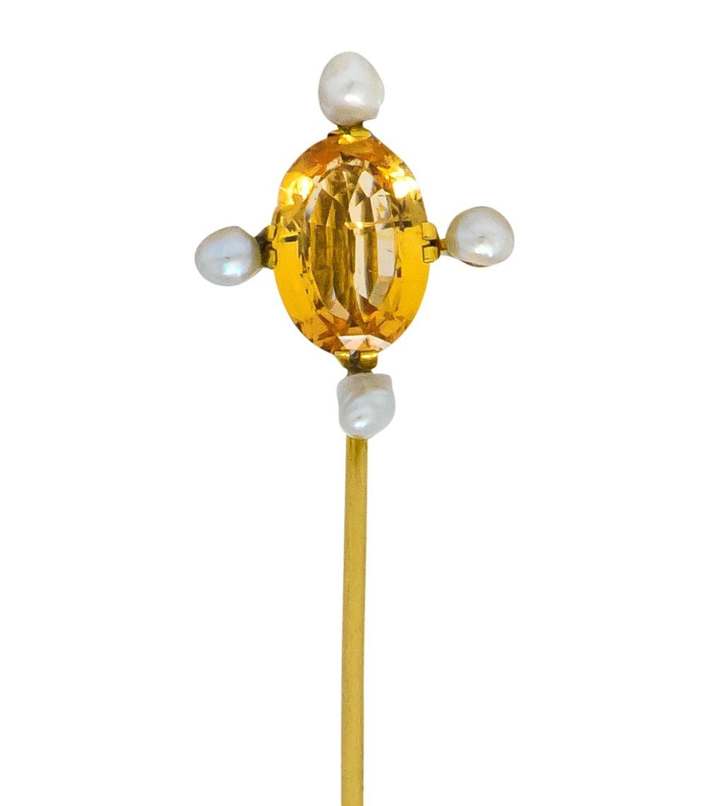 Victorian 3.30 Carat Topaz Pearl 18 Karat Gold Stickpin - Wilson's Estate Jewelry