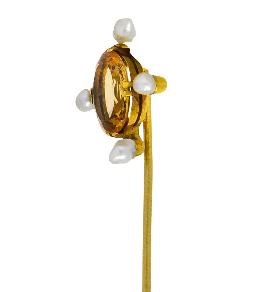 Victorian 3.30 Carat Topaz Pearl 18 Karat Gold Stickpin - Wilson's Estate Jewelry
