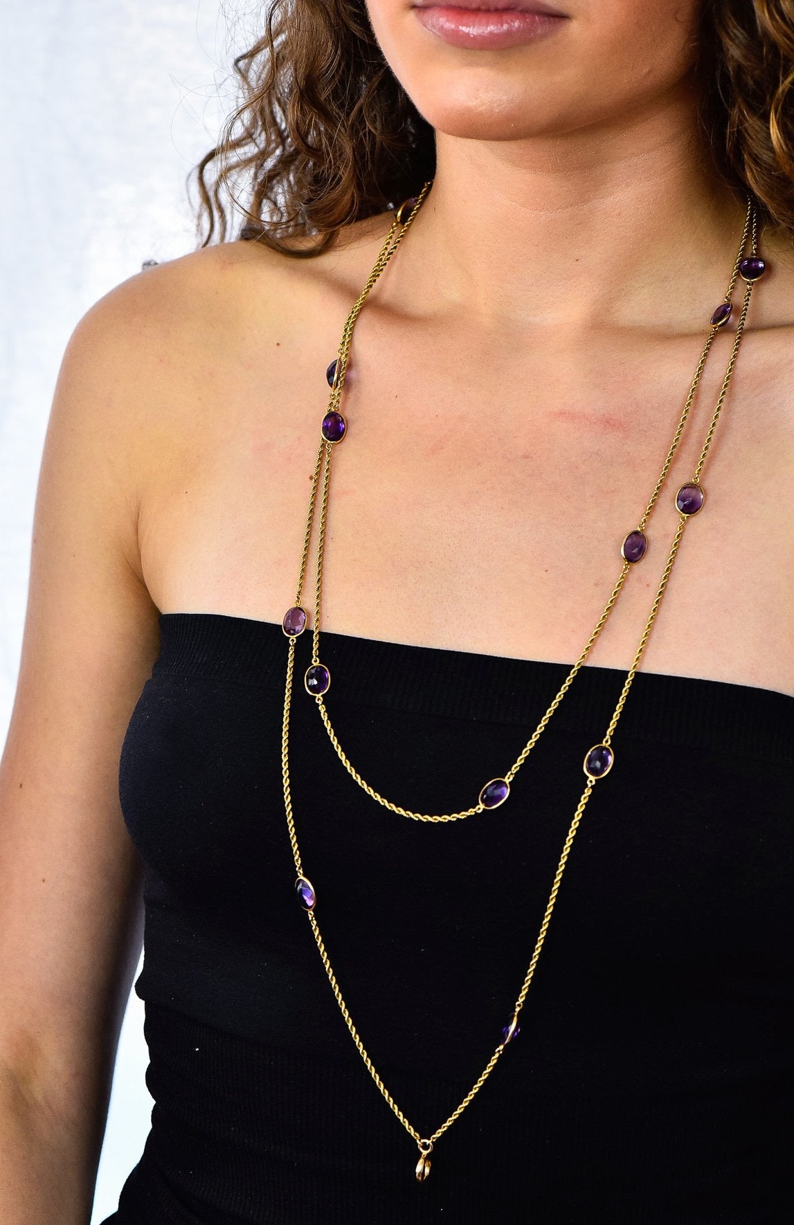 Victorian 50.00 CTW Amethyst 14 Karat Gold 64 Inch Station Necklace - Wilson's Estate Jewelry