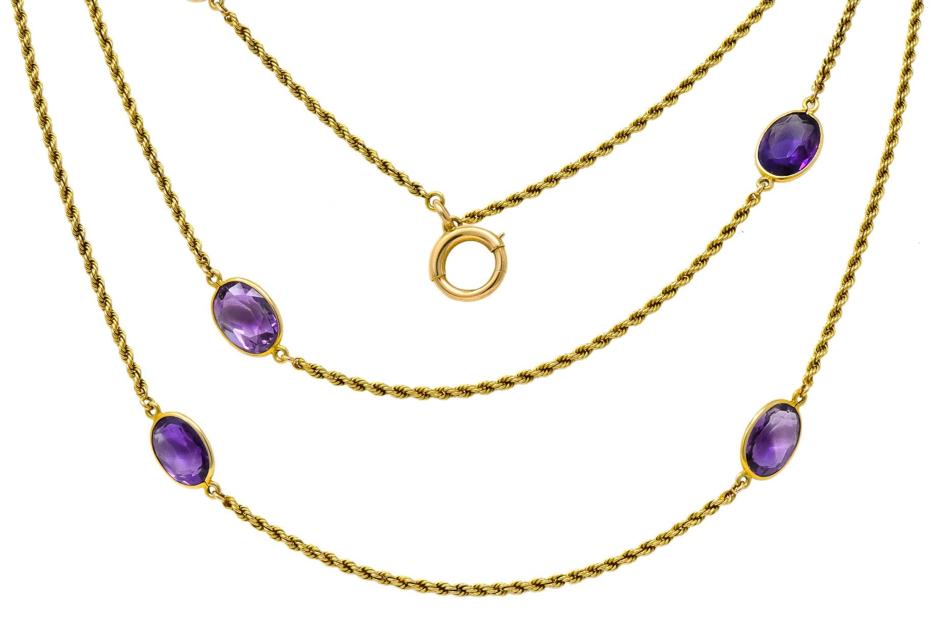 Victorian 50.00 CTW Amethyst 14 Karat Gold 64 Inch Station Necklace - Wilson's Estate Jewelry