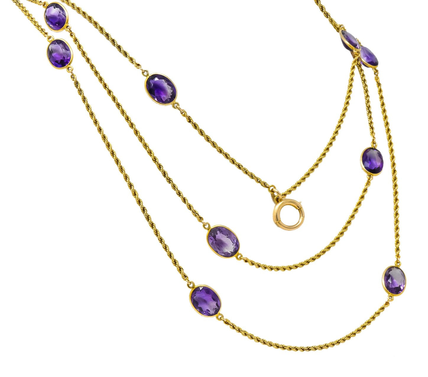 Victorian 50.00 CTW Amethyst 14 Karat Gold 64 Inch Station Necklace - Wilson's Estate Jewelry