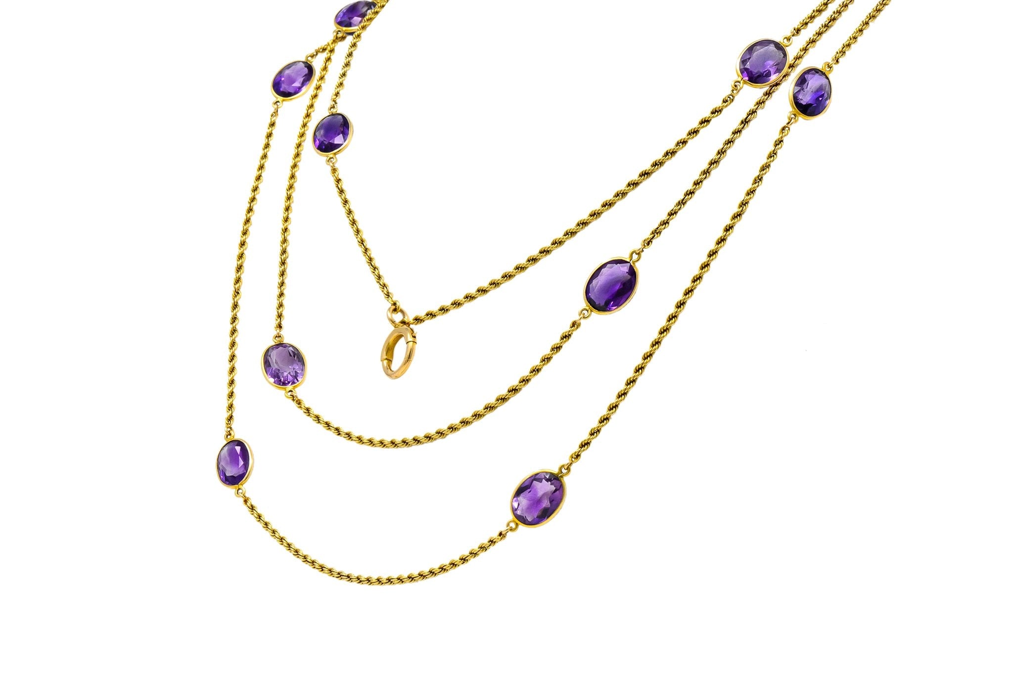 Victorian 50.00 CTW Amethyst 14 Karat Gold 64 Inch Station Necklace - Wilson's Estate Jewelry