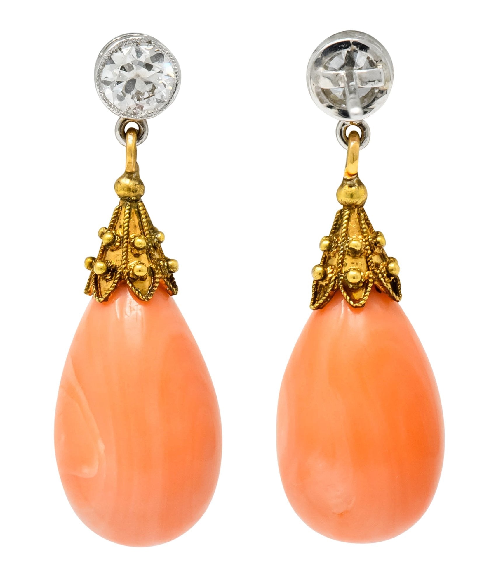 Victorian Diamond Coral Platinum 14 Karat Gold Drop Earrings - Wilson's Estate Jewelry