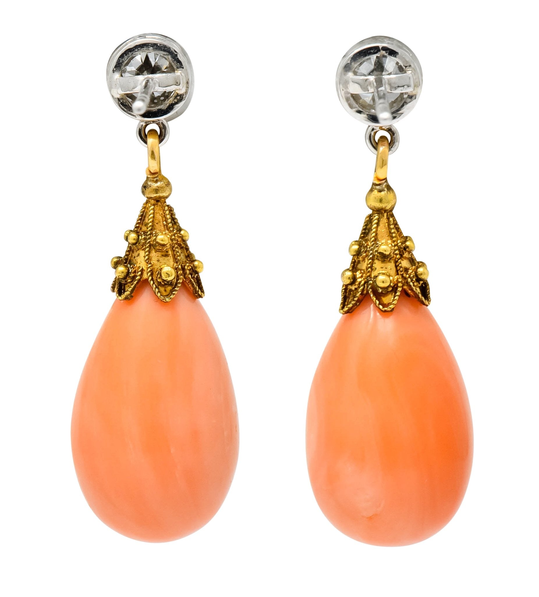 Victorian Diamond Coral Platinum 14 Karat Gold Drop Earrings - Wilson's Estate Jewelry