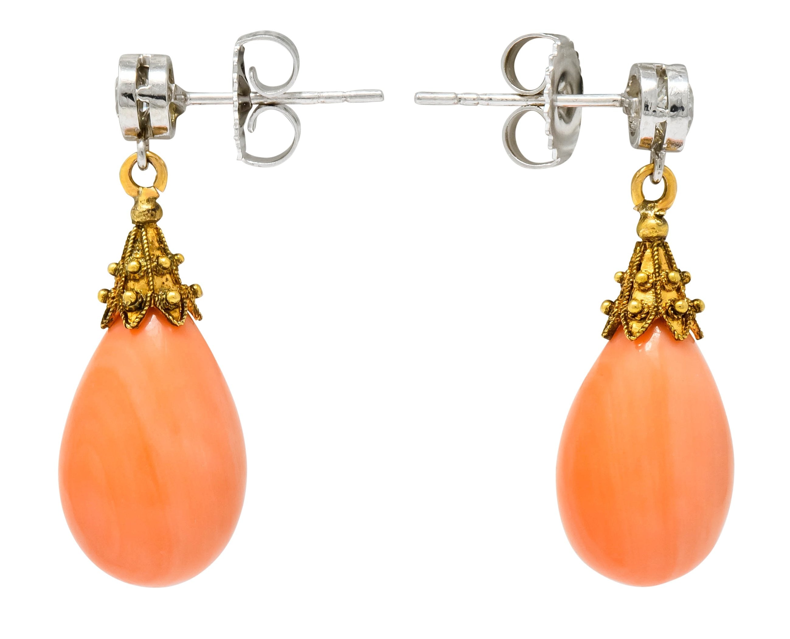 Victorian Diamond Coral Platinum 14 Karat Gold Drop Earrings - Wilson's Estate Jewelry