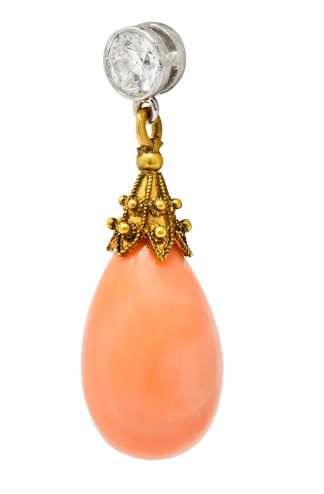 Victorian Diamond Coral Platinum 14 Karat Gold Drop Earrings - Wilson's Estate Jewelry