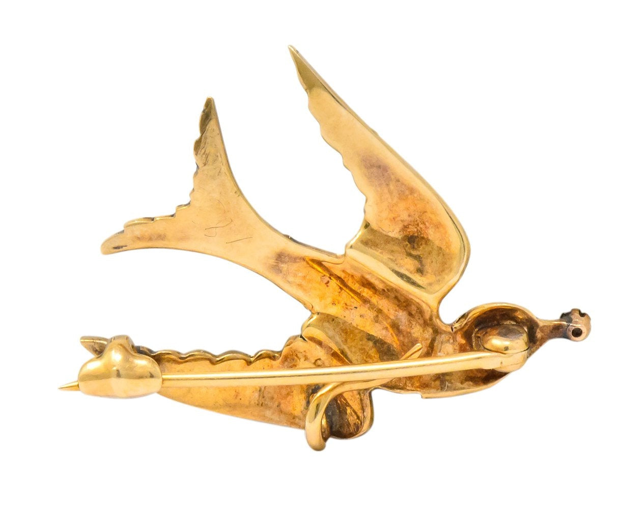 Victorian Diamond Garnet Seed Pearl Swallow Bird 14 Karat Gold Brooch - Wilson's Estate Jewelry