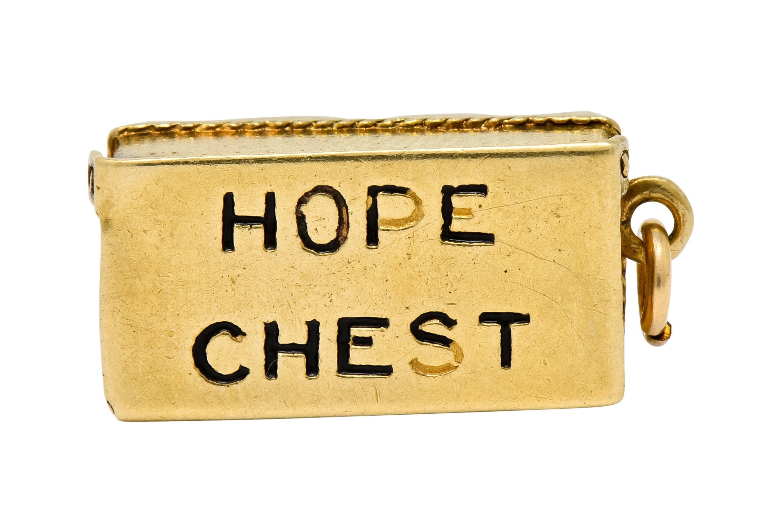 Victorian Enamel 14 Karat Gold Cheeky Figure In Hope Chest Charm - Wilson's Estate Jewelry