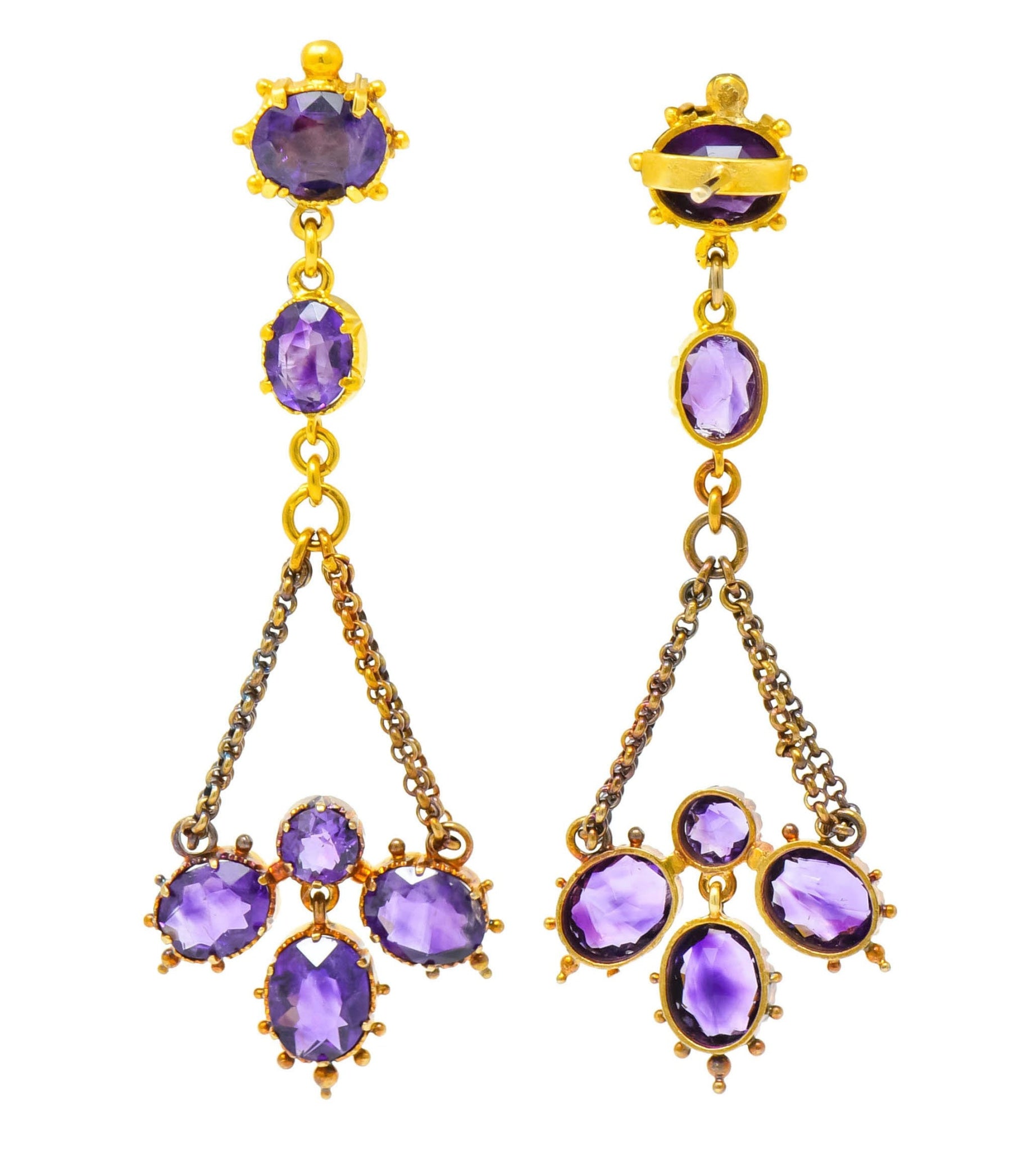 Victorian Etruscan Revival 4.52 CTW Amethyst 18 Karat Gold Chandelier Earrings Circa 1870's - Wilson's Estate Jewelry