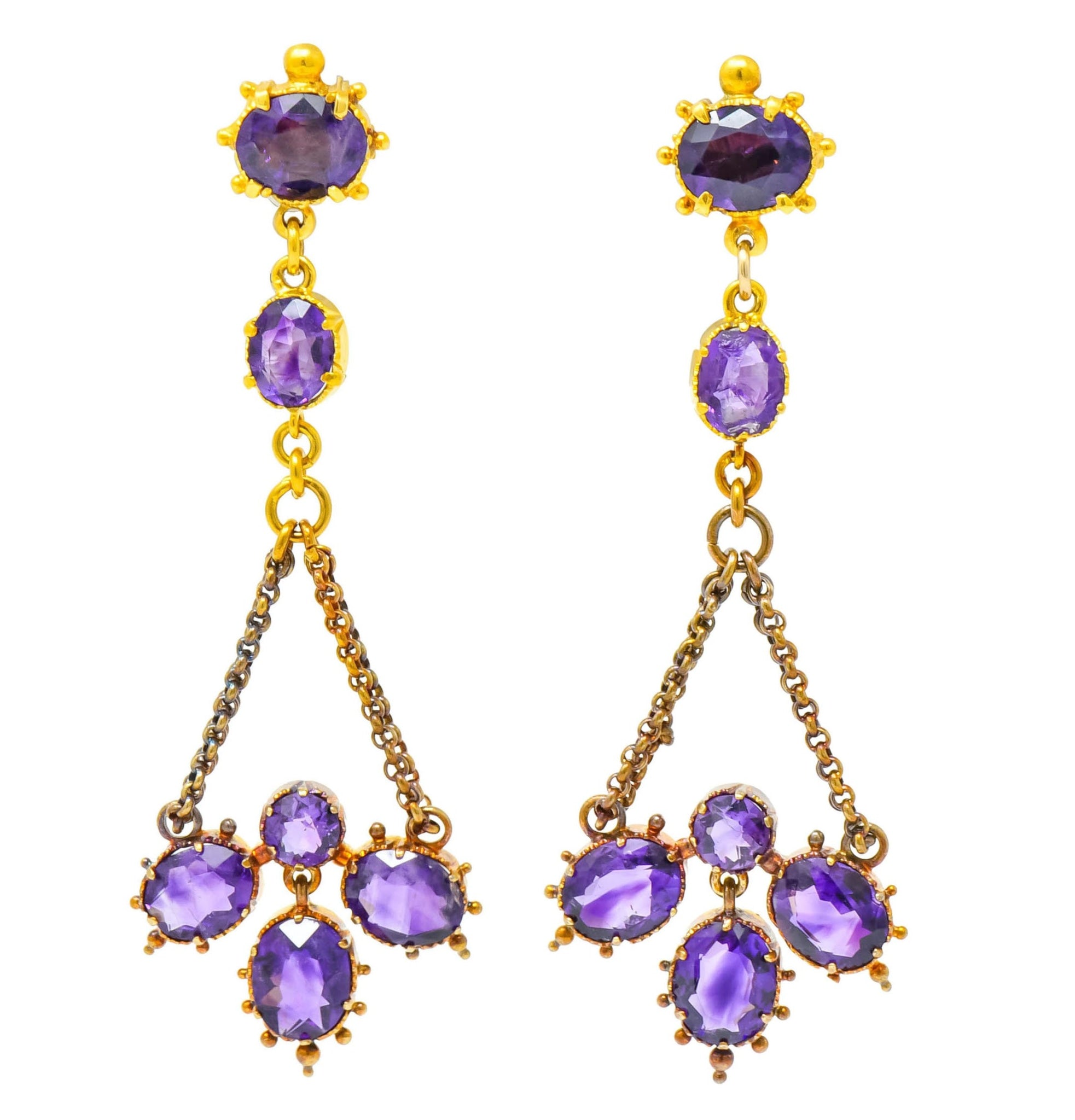 Victorian Etruscan Revival 4.52 CTW Amethyst 18 Karat Gold Chandelier Earrings Circa 1870's - Wilson's Estate Jewelry