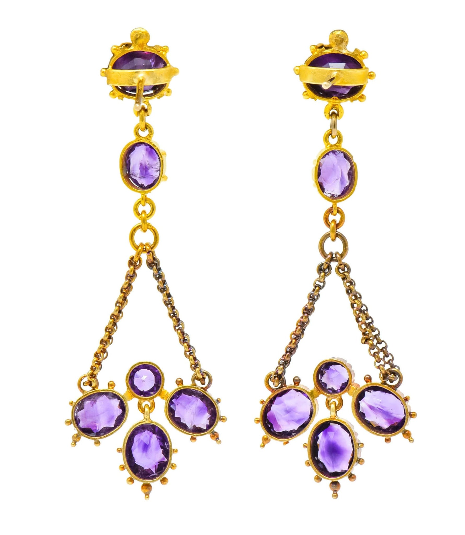 Victorian Etruscan Revival 4.52 CTW Amethyst 18 Karat Gold Chandelier Earrings Circa 1870's - Wilson's Estate Jewelry