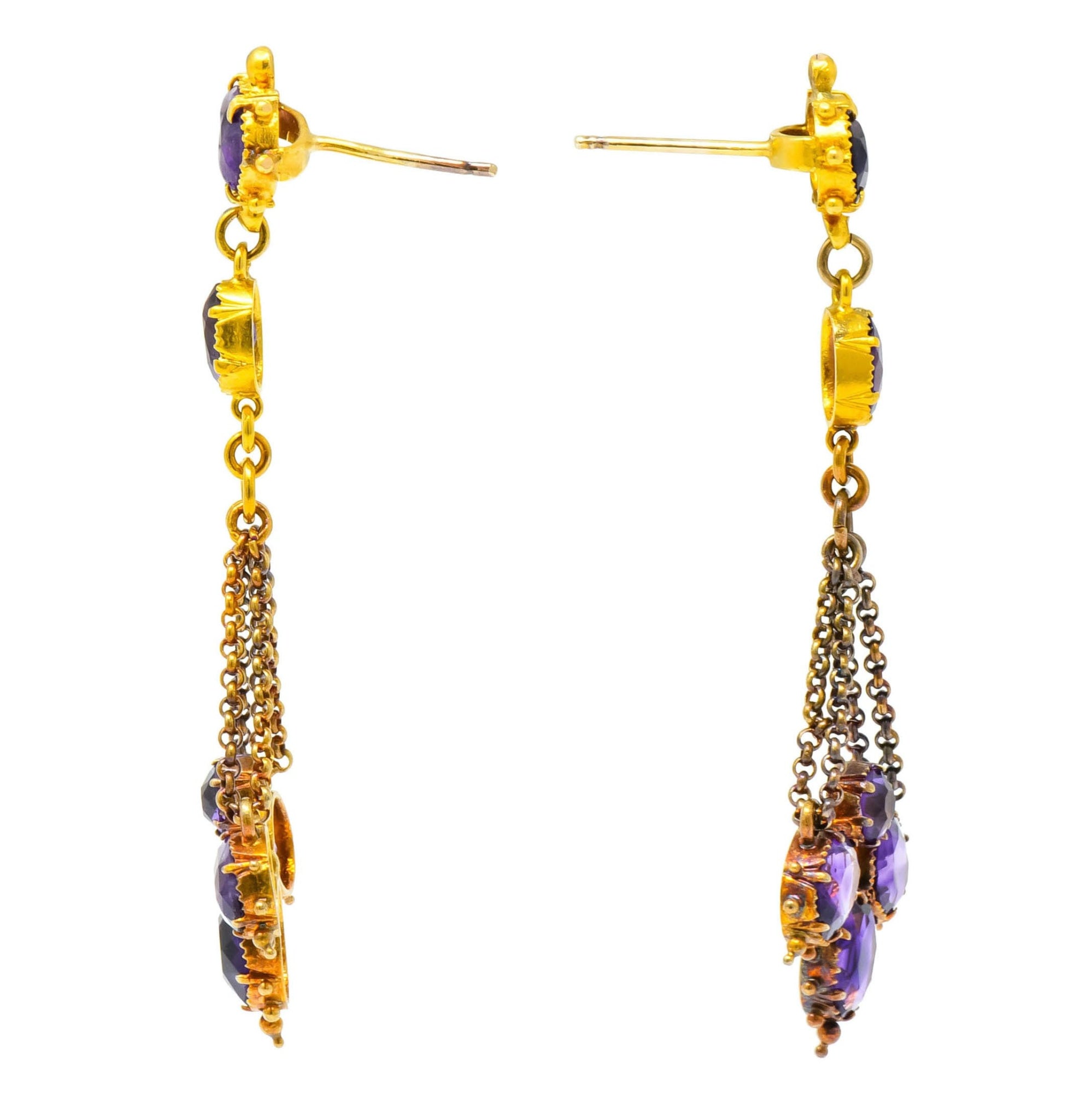 Victorian Etruscan Revival 4.52 CTW Amethyst 18 Karat Gold Chandelier Earrings Circa 1870's - Wilson's Estate Jewelry